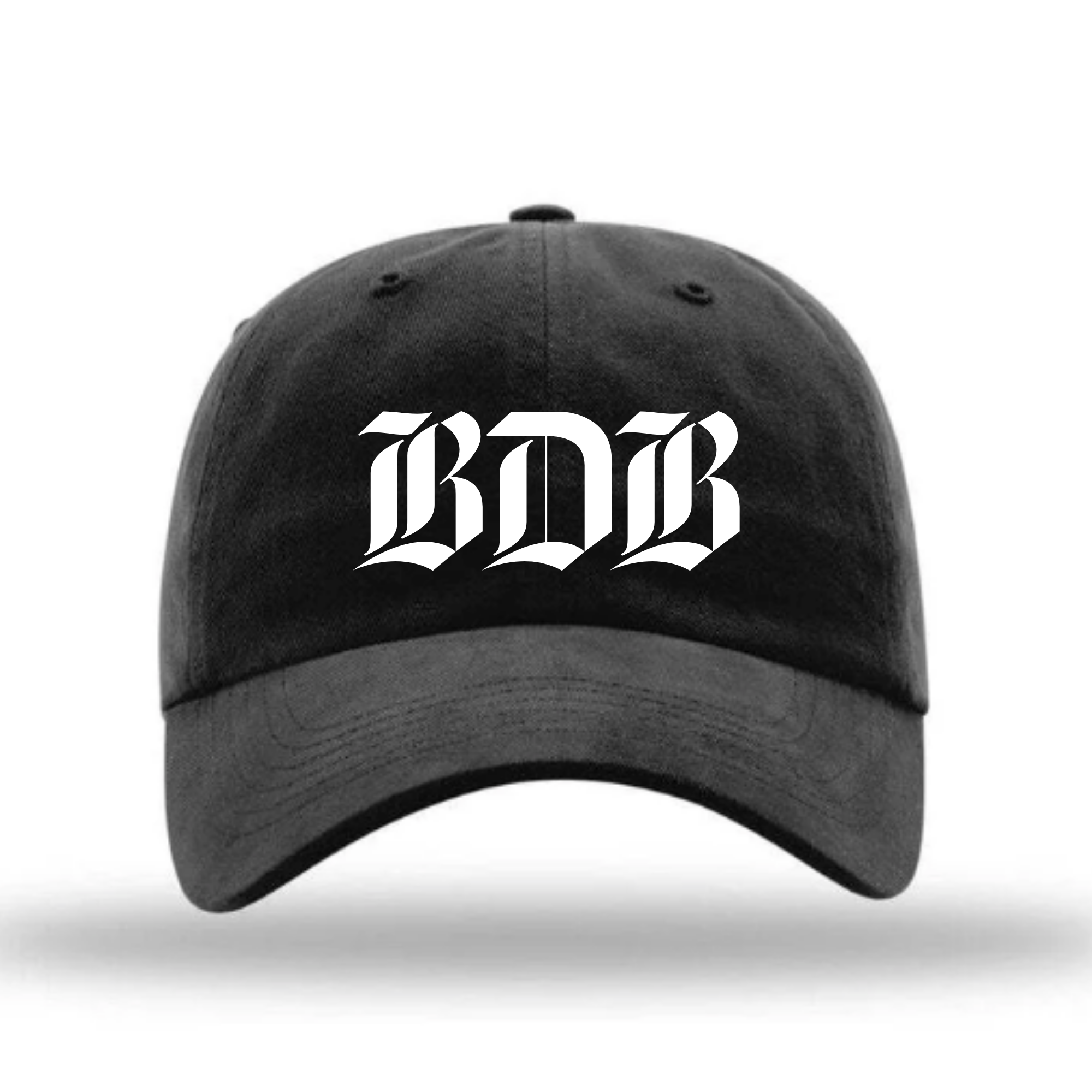 Front angled view of black dad cap. The cap reads "BDB" in white gothic lettering.