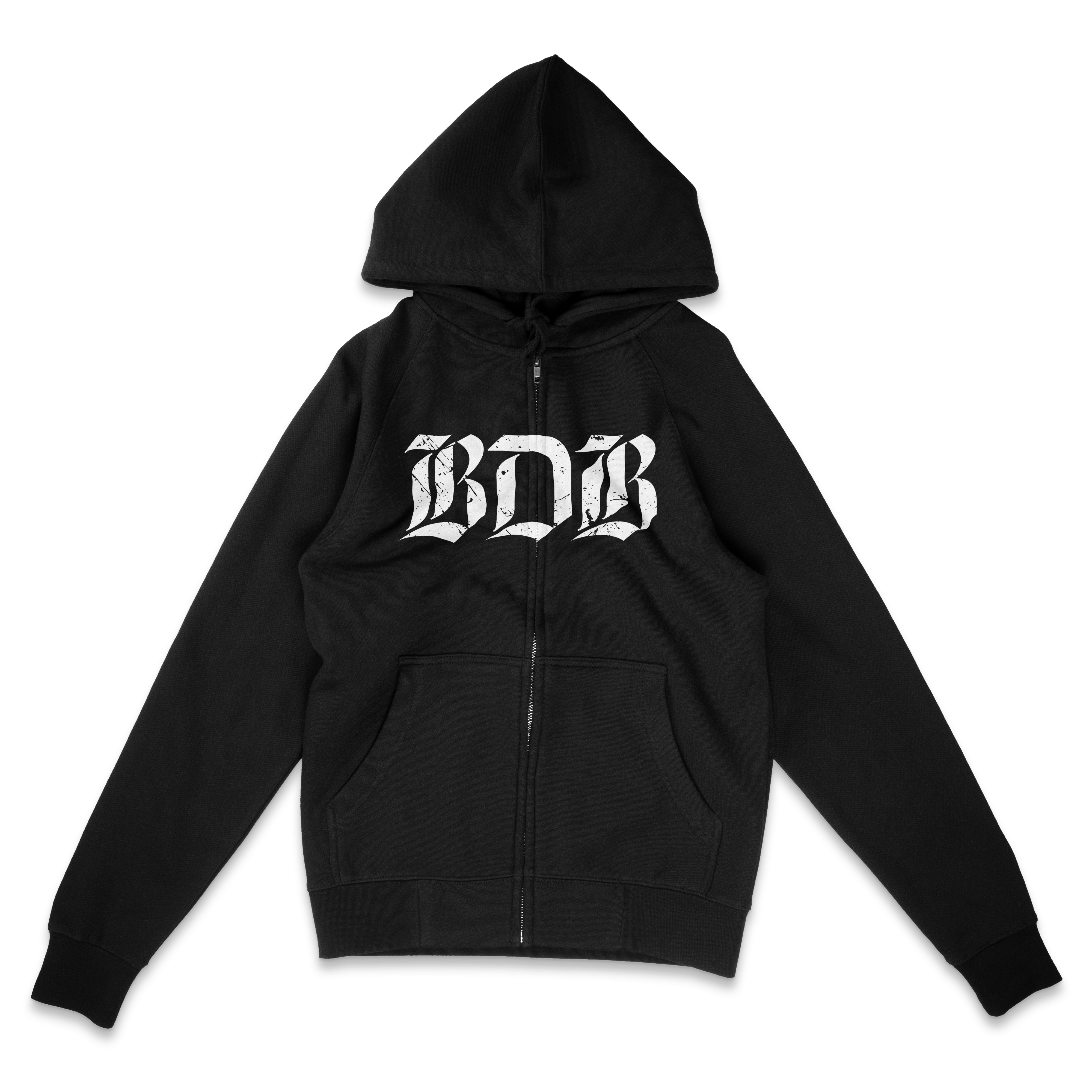 Black hoodie with BDB in white text on a white background