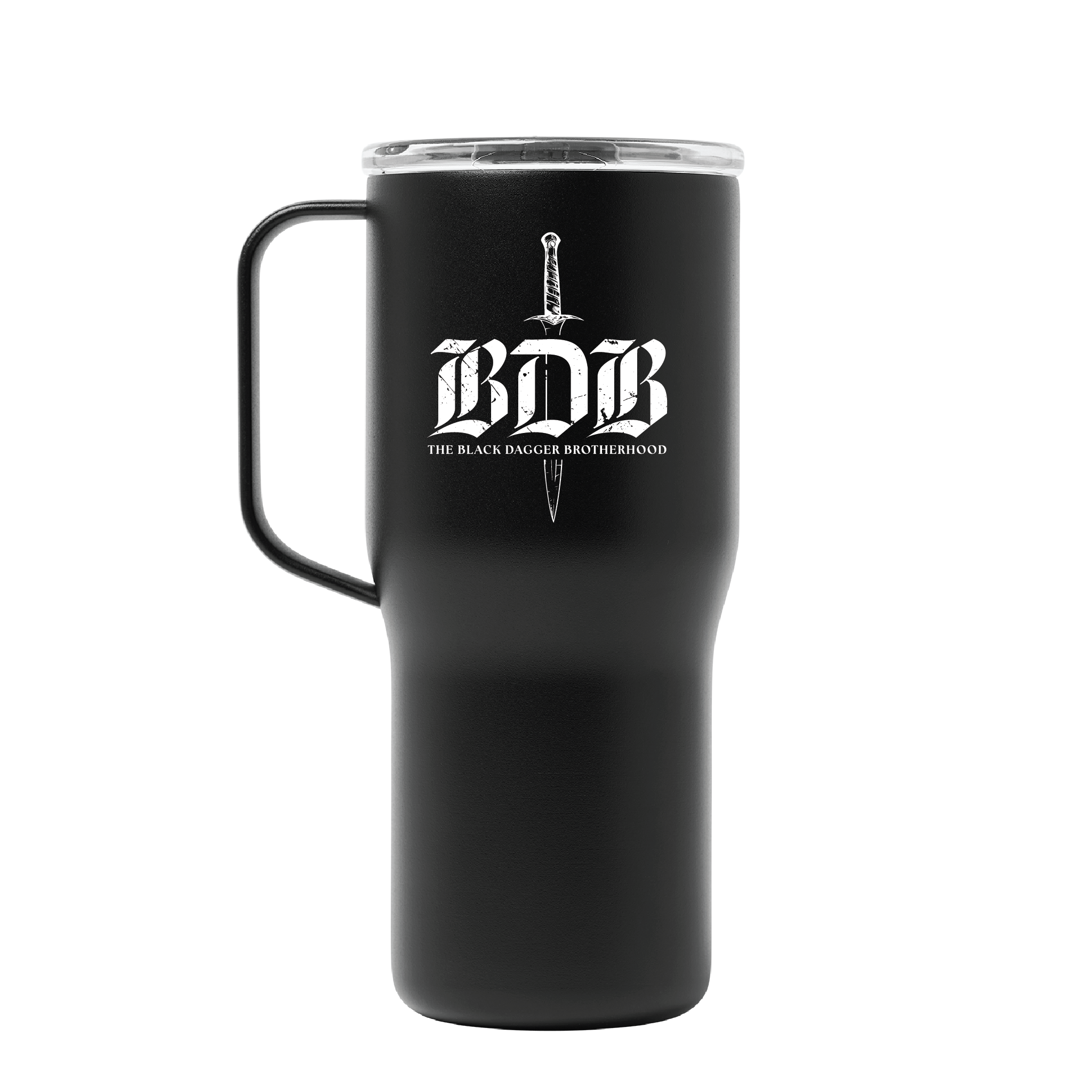 a black tumbler feature a line drawing of the Black Dagger Brotherhood Logo