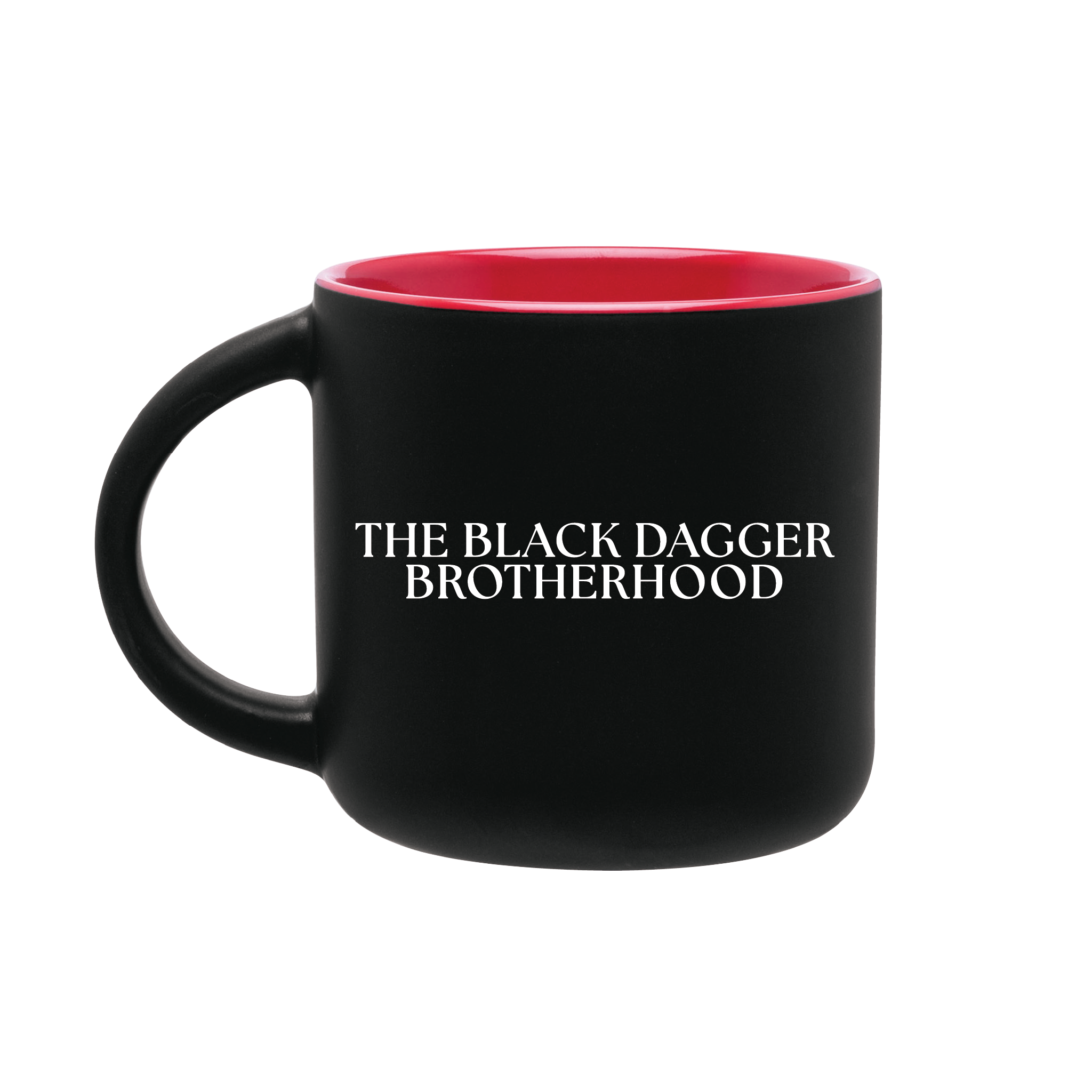 a black matte coffee mug with red glossy interior. White text on the front reads "The Black Dagger Brotherhood"