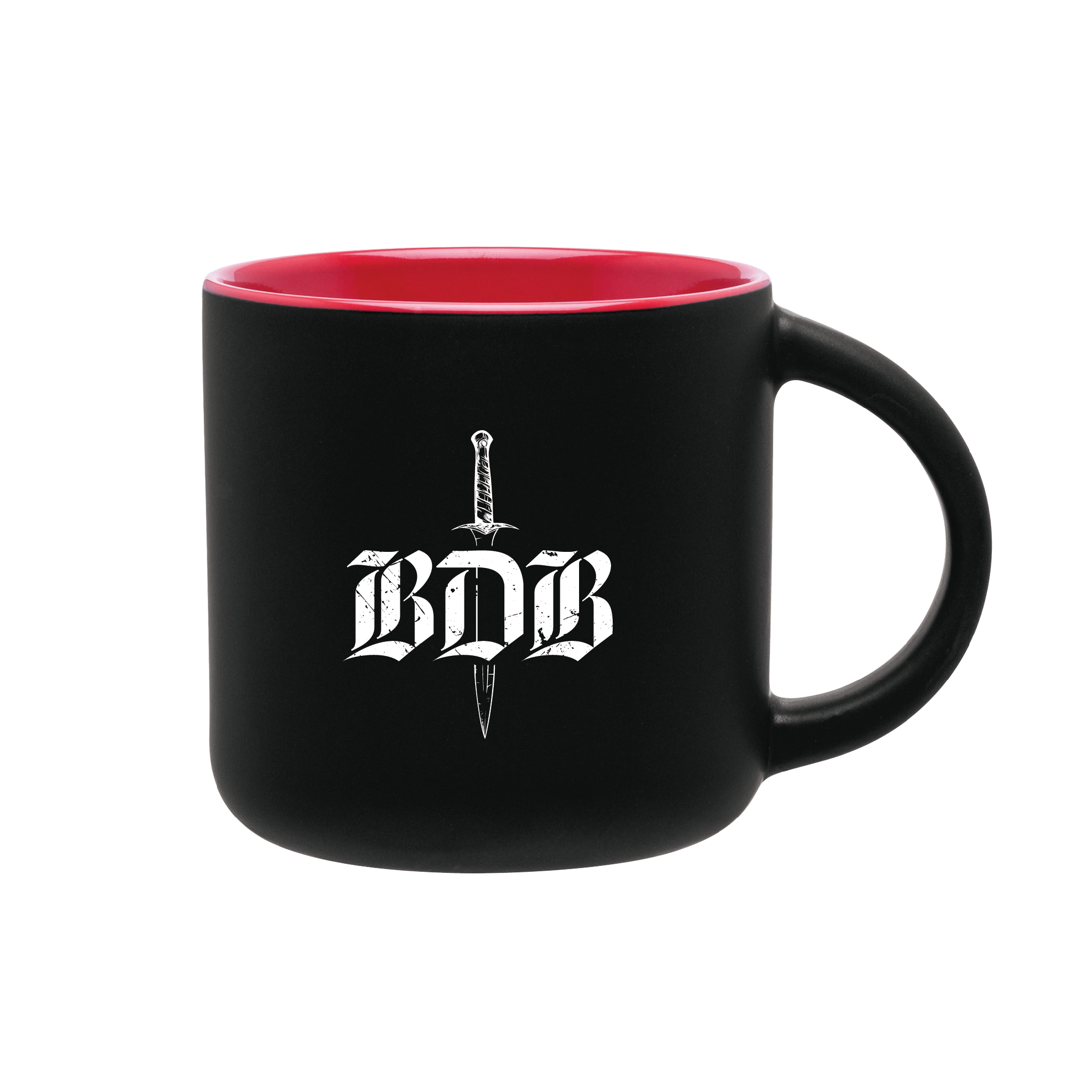A black matte coffee mug with red glossy interior. White illustrated logo for the Black Dagger Brotherhood is featured in the center.