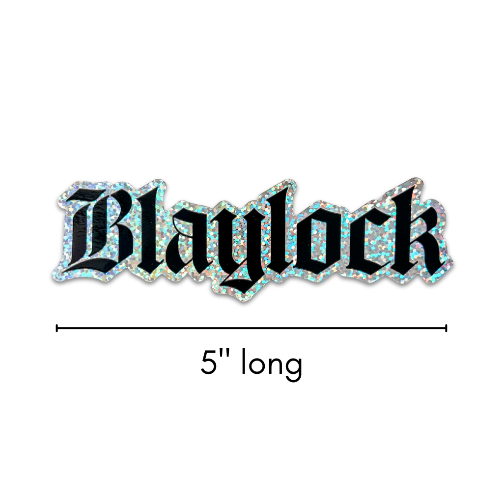 Decorative text 'Blaylock' with a glittery effect on a white background, labeled as 5 inches long.