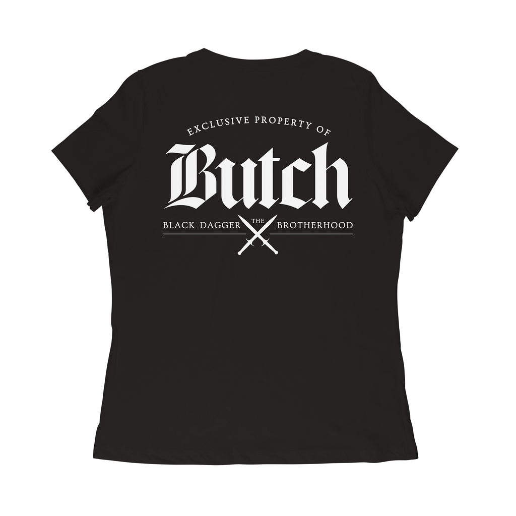 the back of a black shirt with the words "property of Butch: the Black Dagger Brotherhood" with 2 daggers crossed