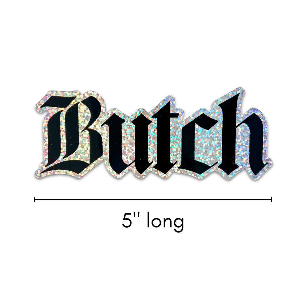 Glittery 'Butch' text with a measurement label on a white background