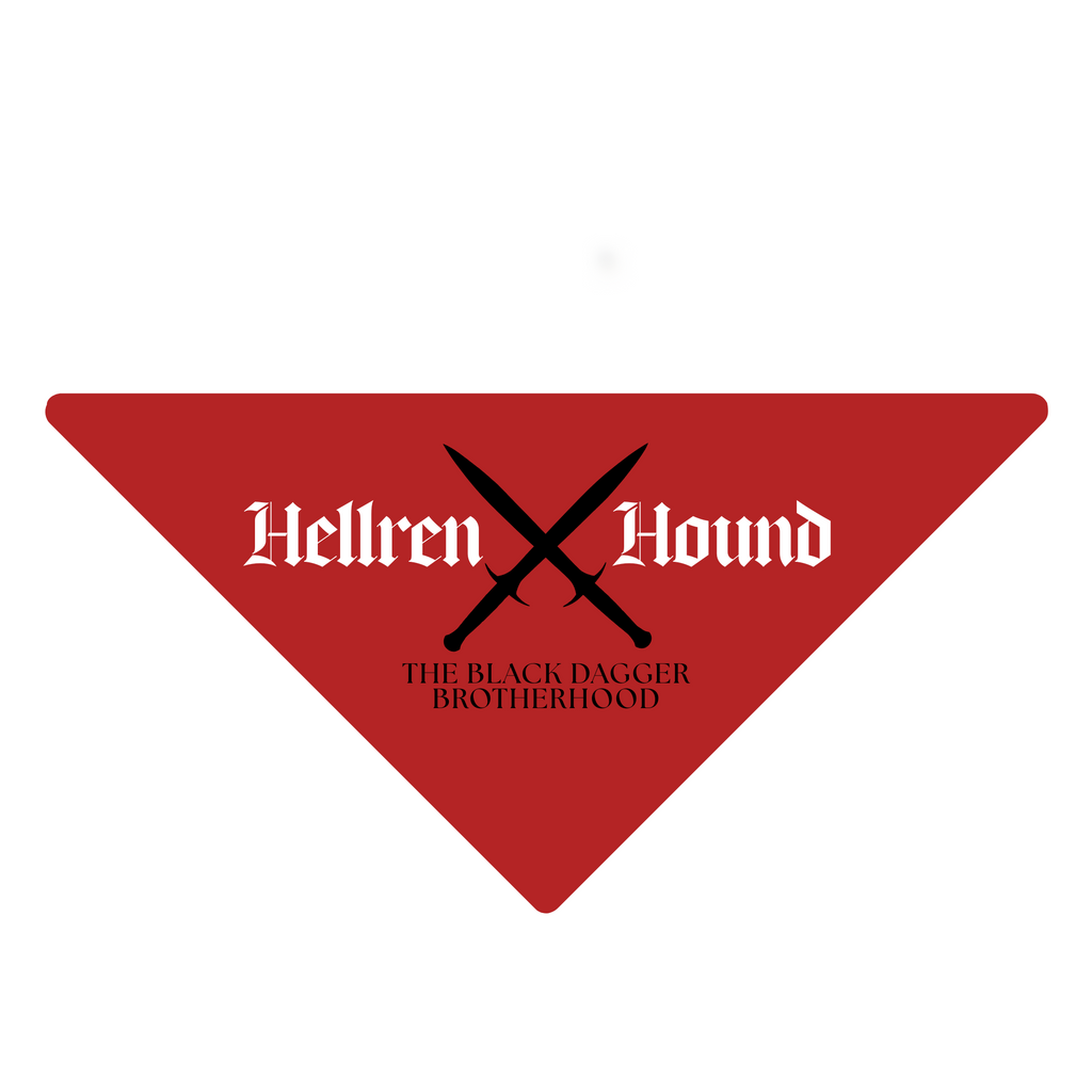 Red triangle-shaped bandana with 'Hellren Hound' text and crossed daggers on a white background