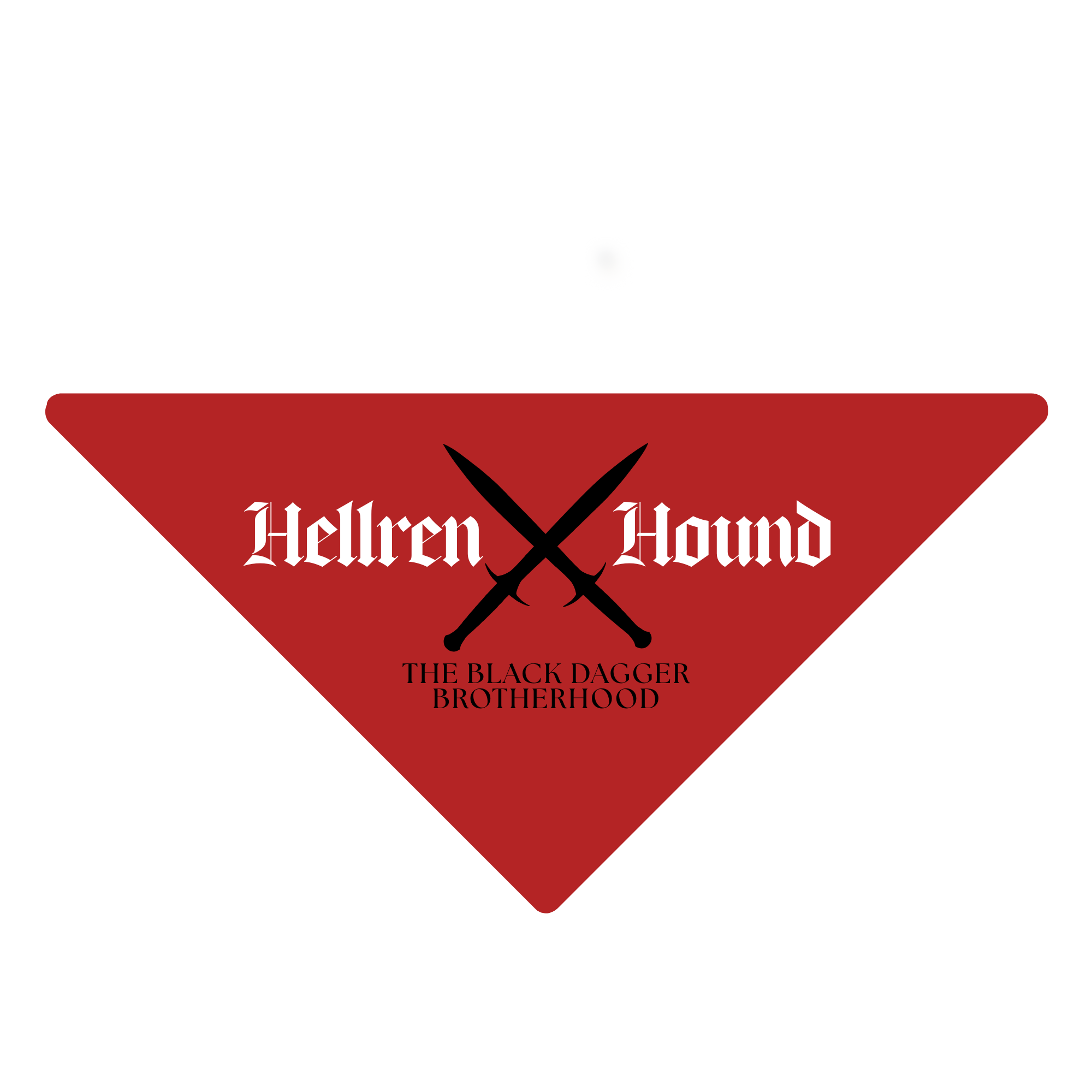 Red triangle-shaped bandana with 'Hellren Hound' text and crossed daggers on a white background