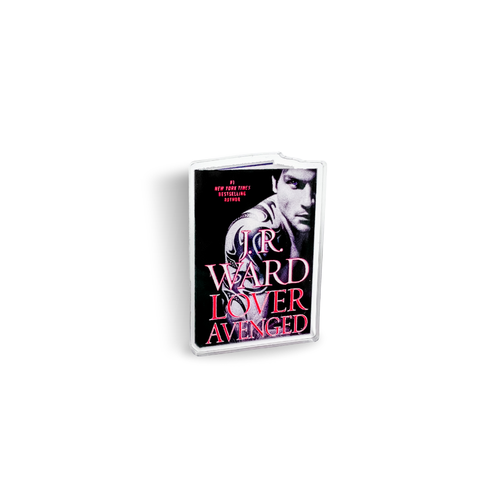 Lover Avenged book cover acrylic pin over a white background