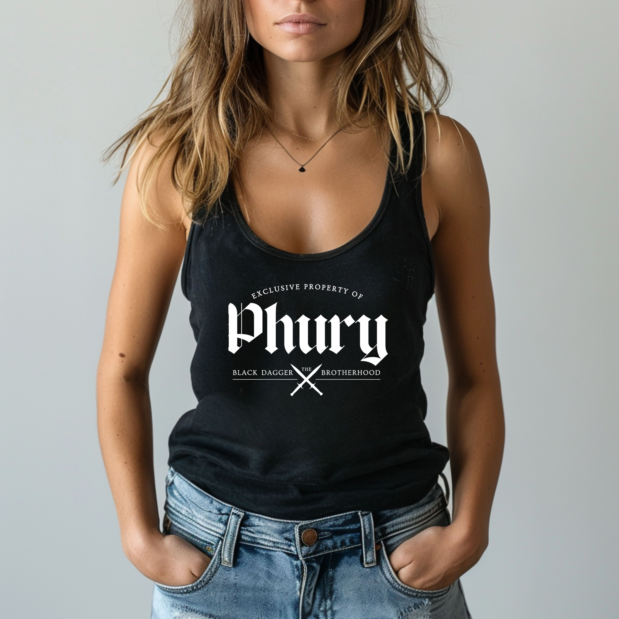 a woman wears a black tank top with the words "property of Phury: the Black Dagger Brotherhood" with 2 daggers crossed