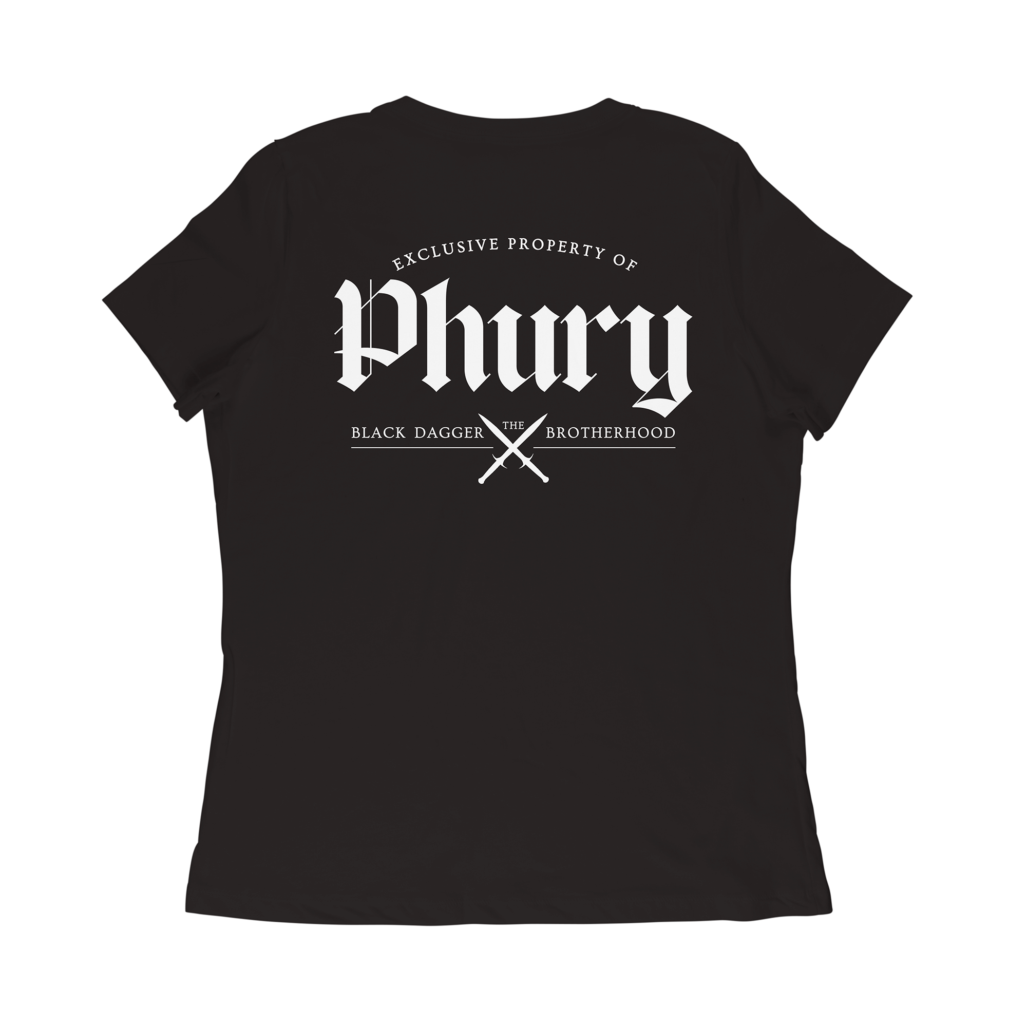 the back of a black shirt with the words "property of Phury: the Black Dagger Brotherhood" with 2 daggers crossed