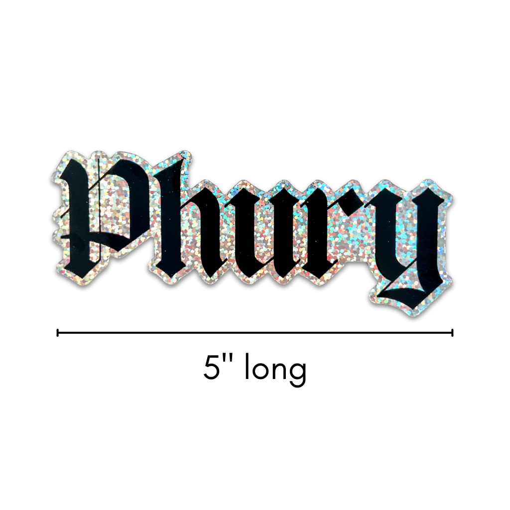 Glittery 'Phury' text with a measurement label on a white background