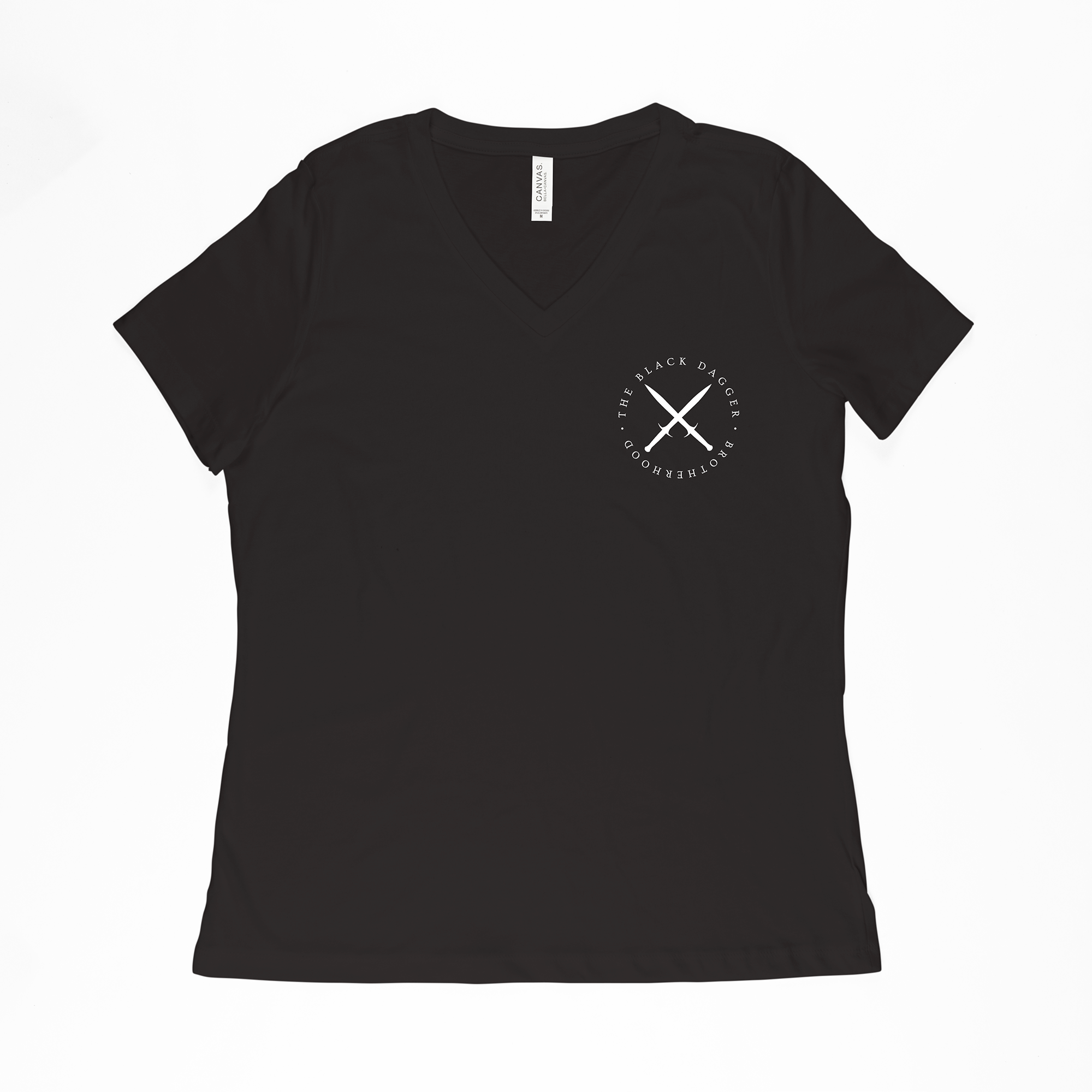 the front of a black v-neck shirt with an emblem on the top left shoulder. It's a circle with crossed black daggers and the words "Black Dagger Brotherhood" encircling it.