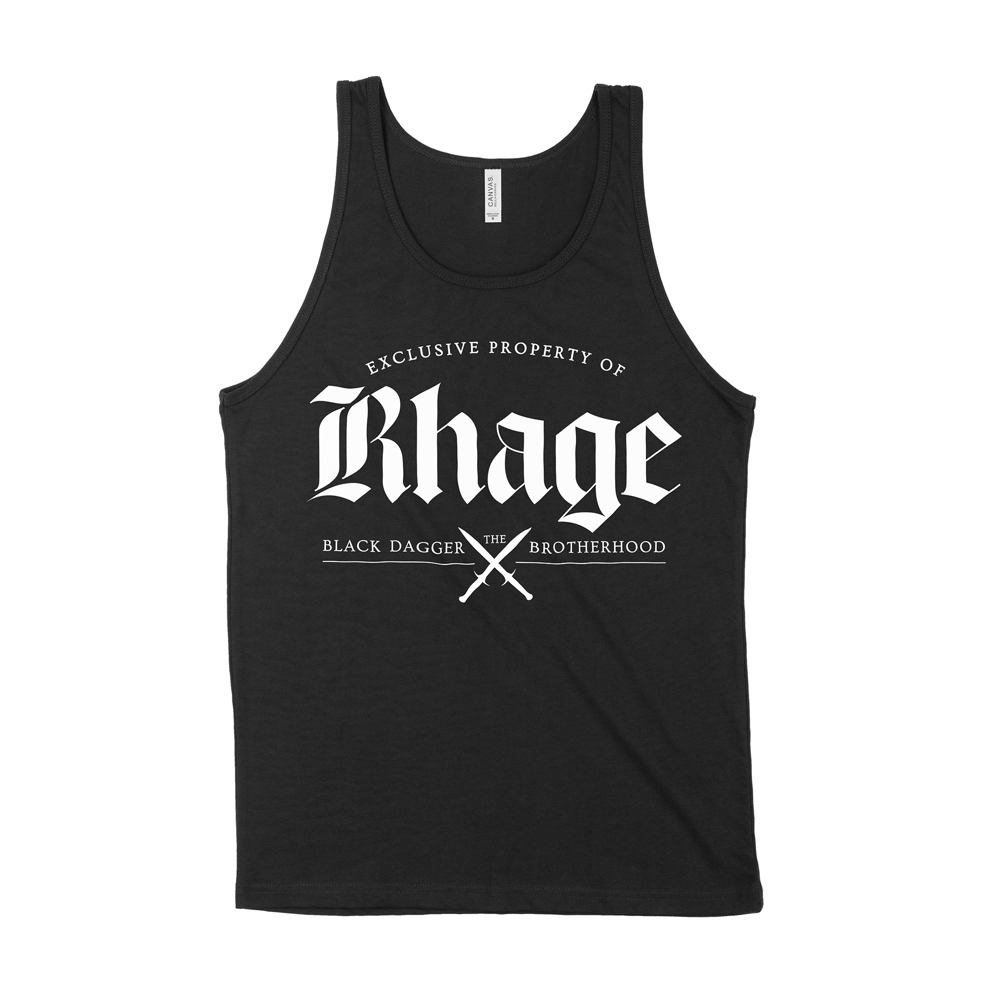 a black tank top with the words "property of Rhage: the Black Dagger Brotherhood" with 2 daggers crossed