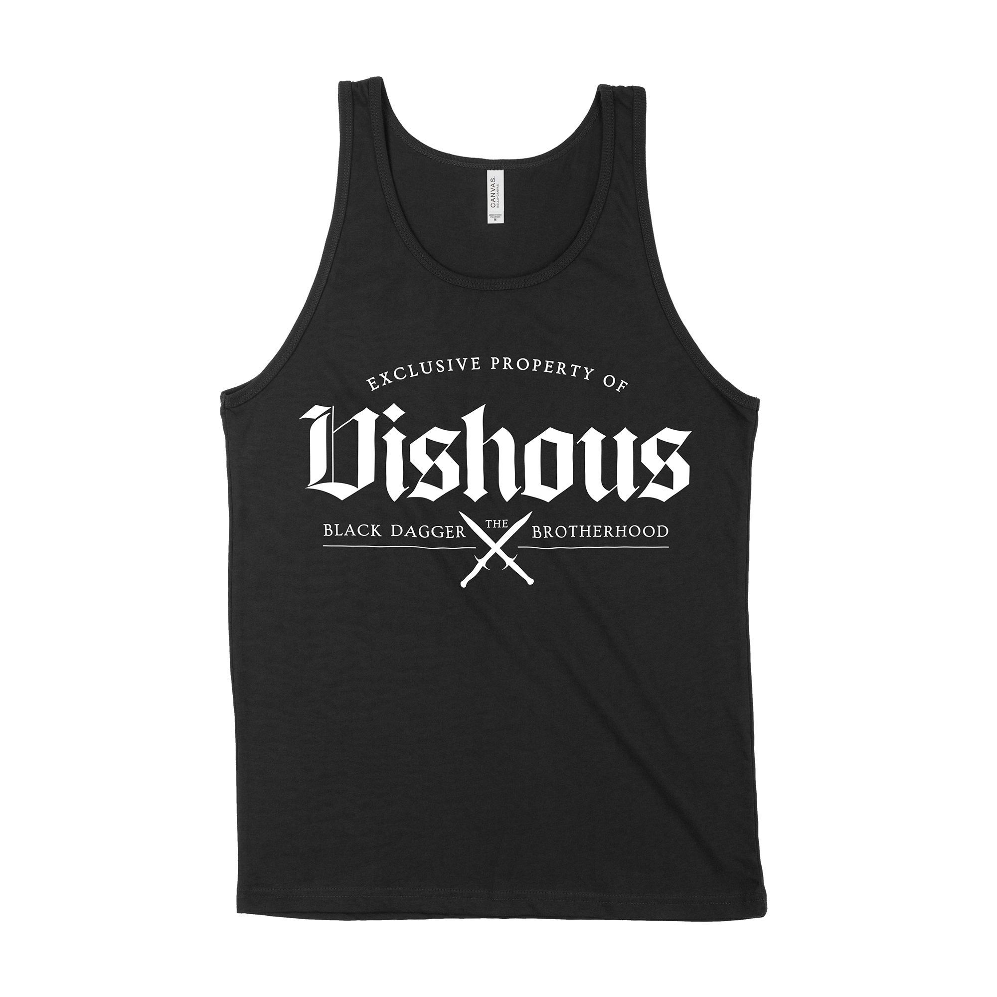 a black tank top with the words "property of Vishous: the Black Dagger Brotherhood" with 2 daggers crossed