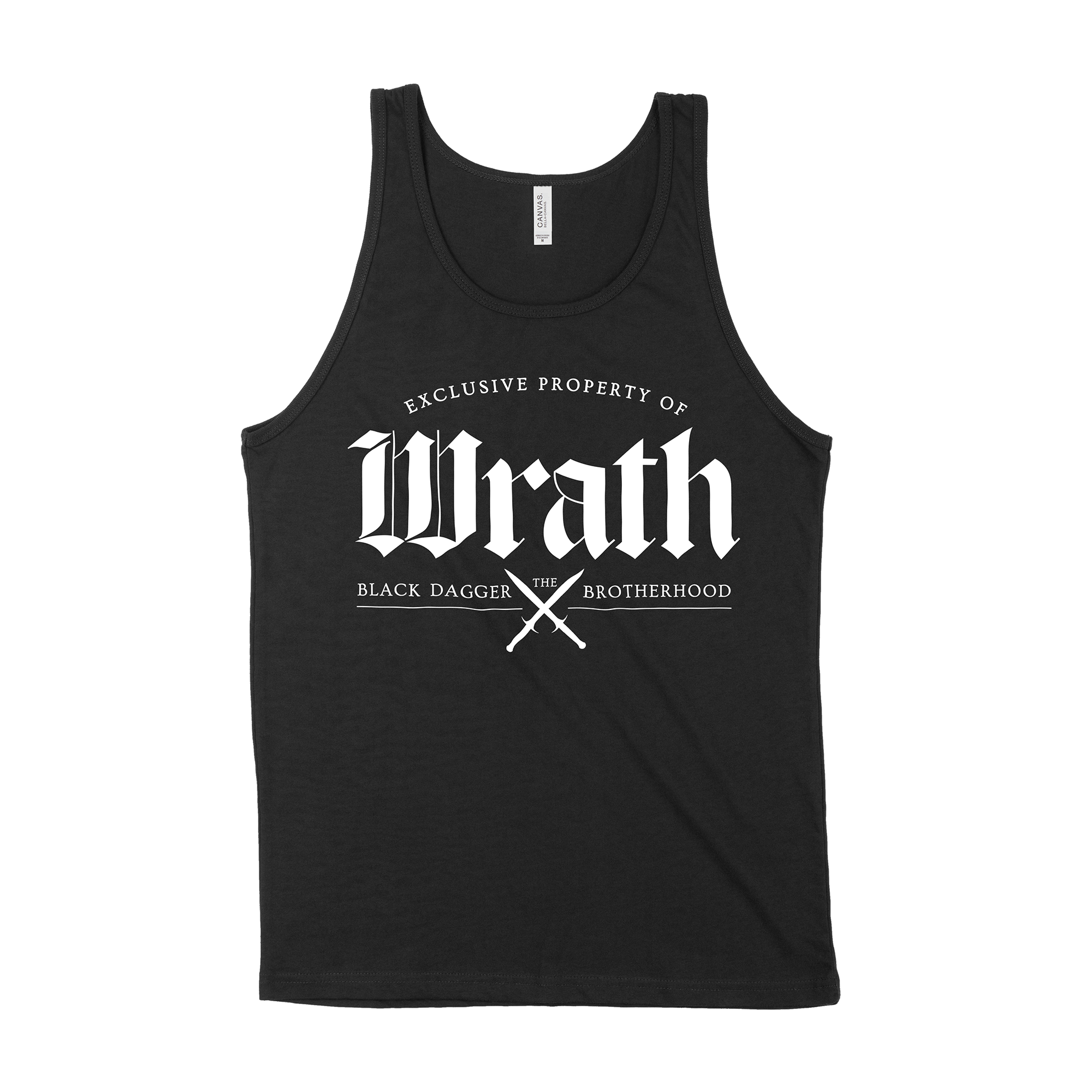 a black tank top with the words "property of Wrath: the Black Dagger Brotherhood" with 2 daggers crossed