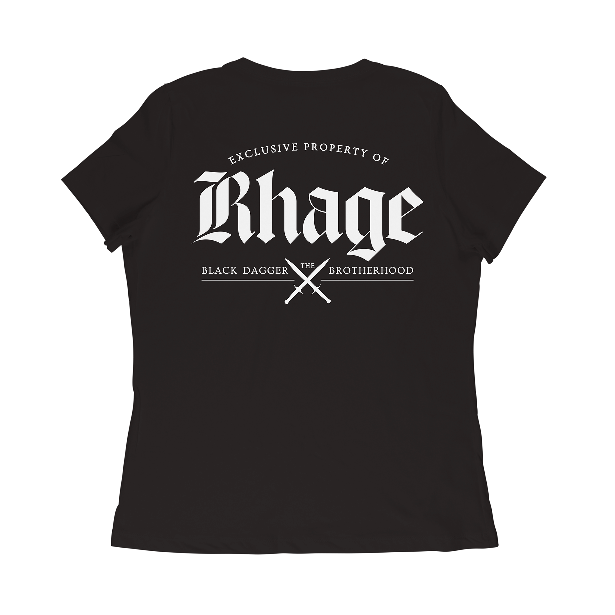 the back of a black shirt with the words "property of Rhage: the Black Dagger Brotherhood" with 2 daggers crossed