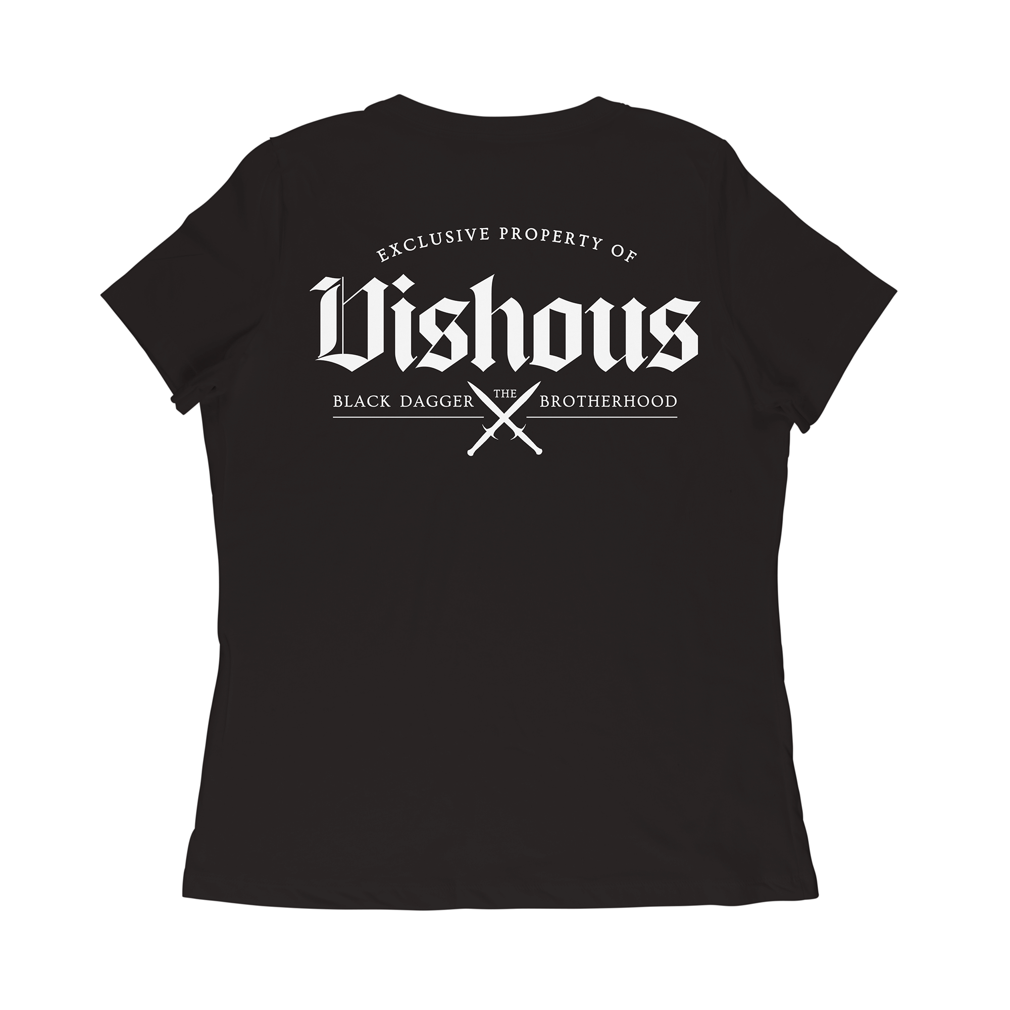the back of a black shirt with the words "property of Vishous: the Black Dagger Brotherhood" with 2 daggers crossed