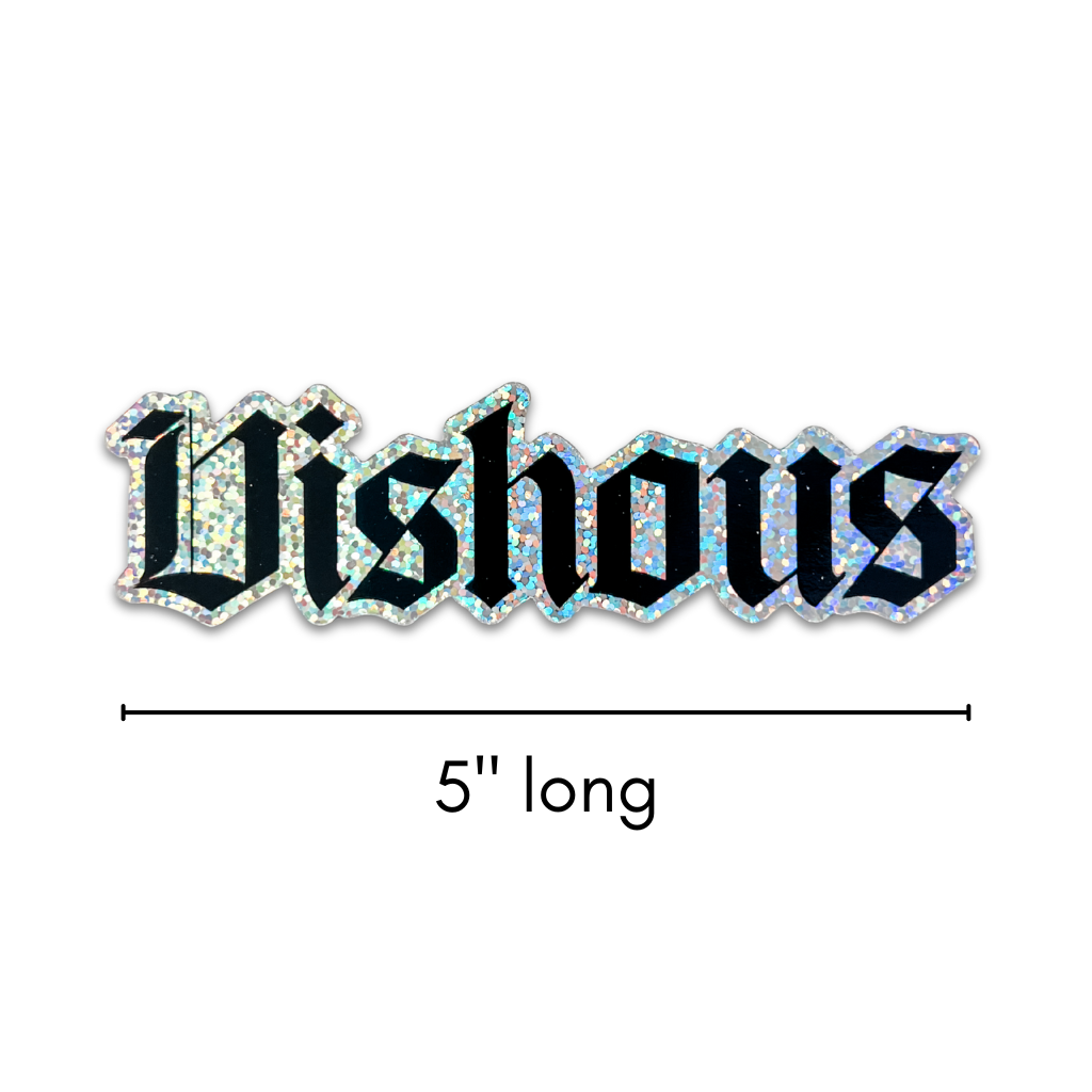 Decorative text 'Vishous' with a holographic effect on a white background, labeled as 5 inches long.