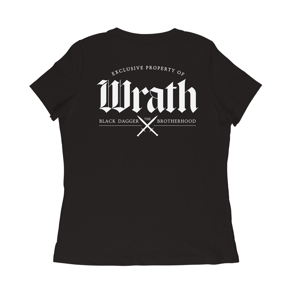 the back of a black shirt with the words "property of Wrath: the Black Dagger Brotherhood" with 2 daggers crossed
