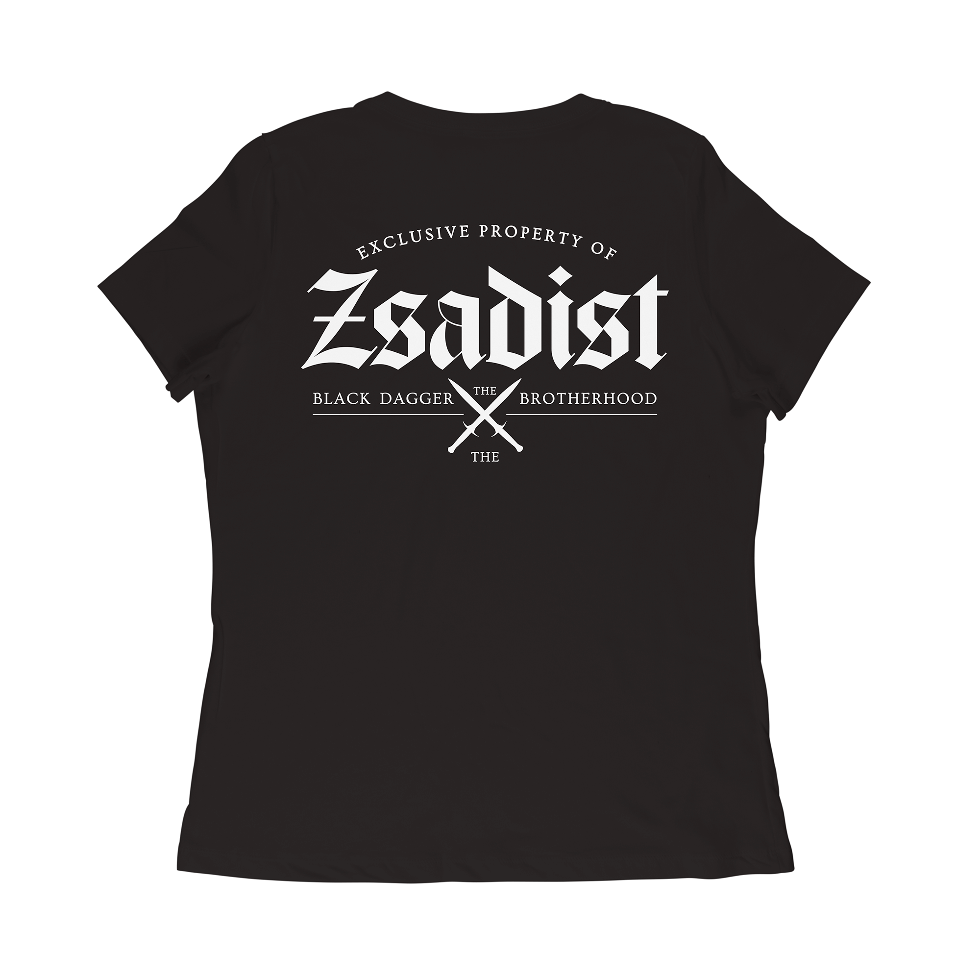 the back of a black shirt with the words "property of Zsadist: the Black Dagger Brotherhood" with 2 daggers crossed