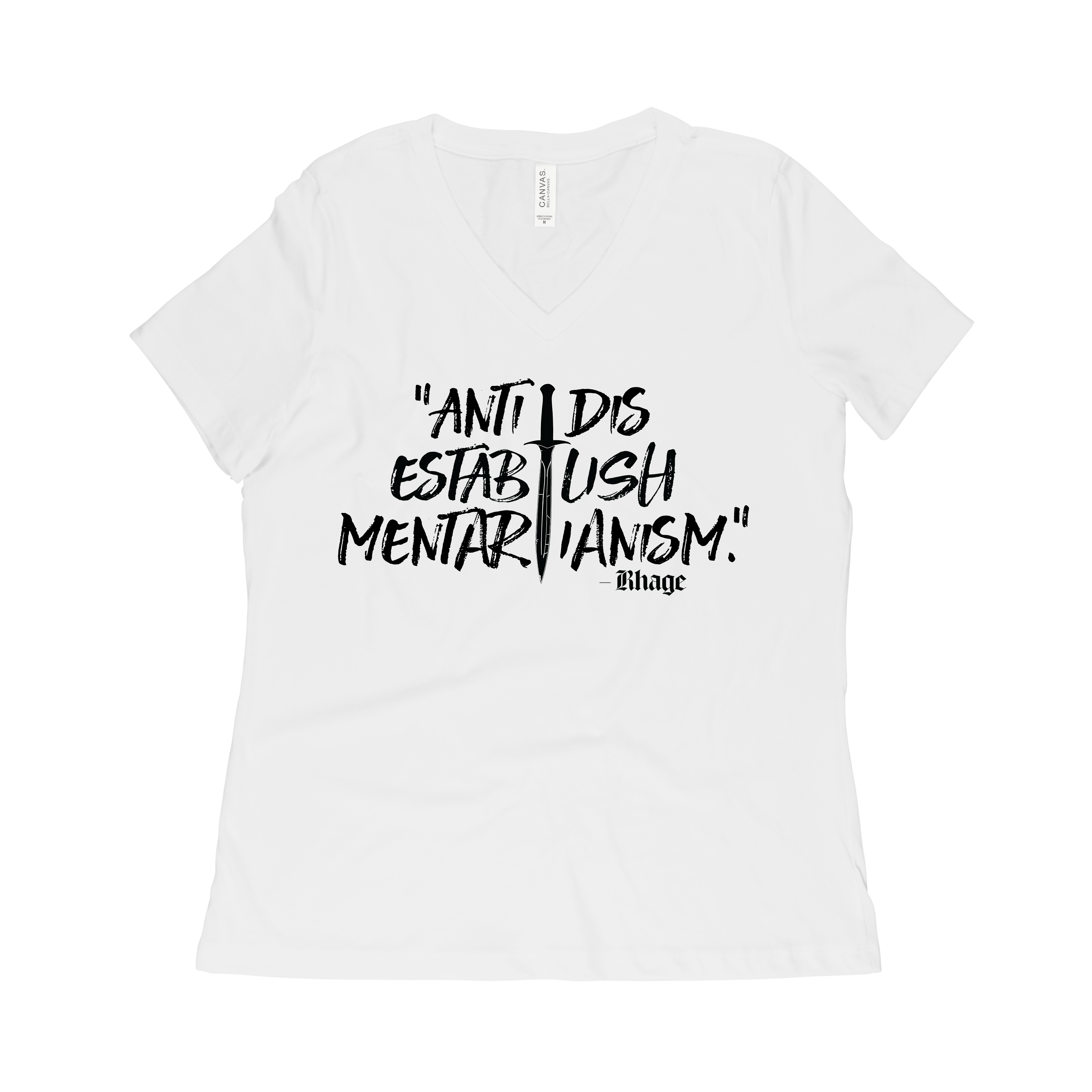 White t-shirt with black text on a white background