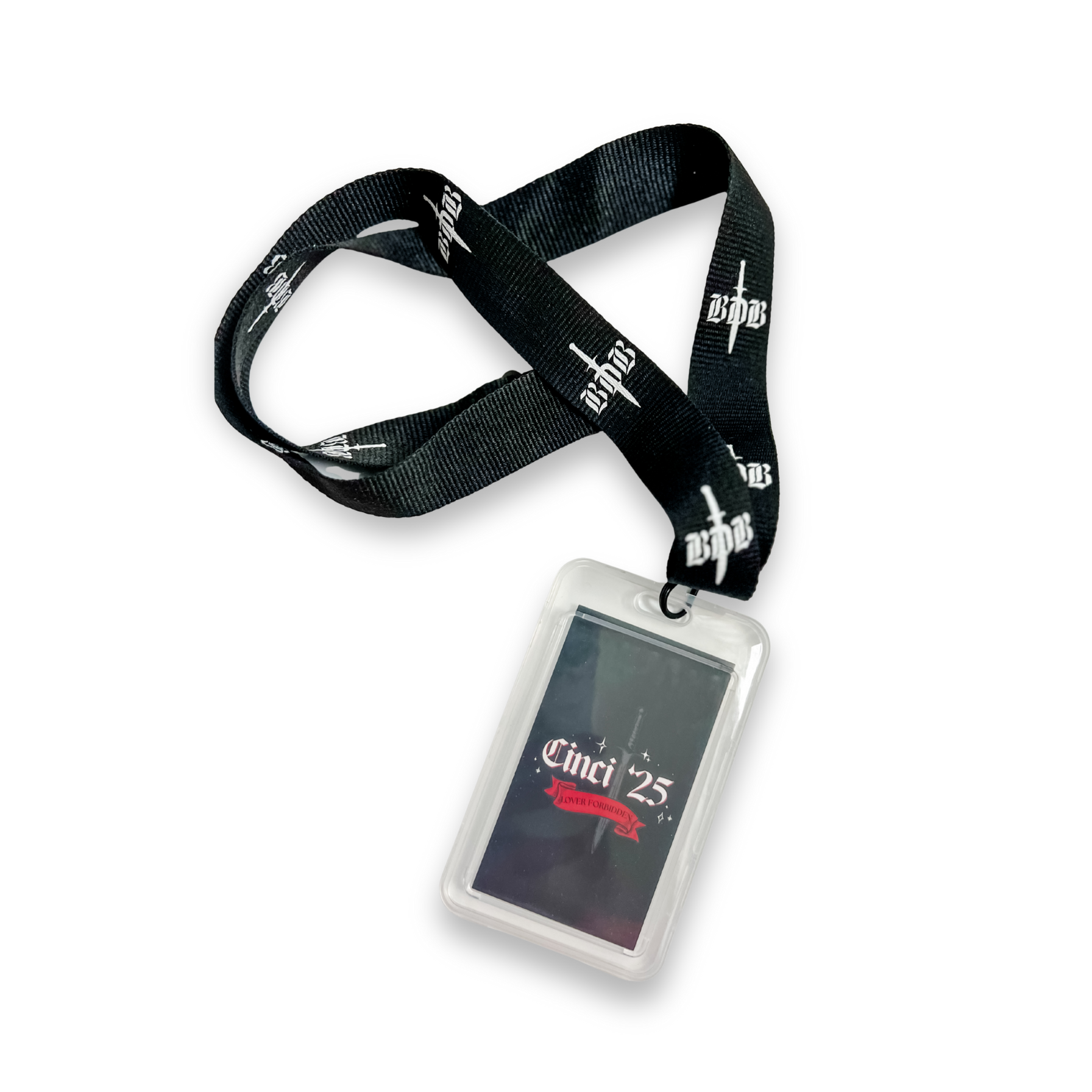 a black lanyard with a white BDB logo and dagger. A plastic badge holder is attached with a card insert with the Cinci '25 logo.