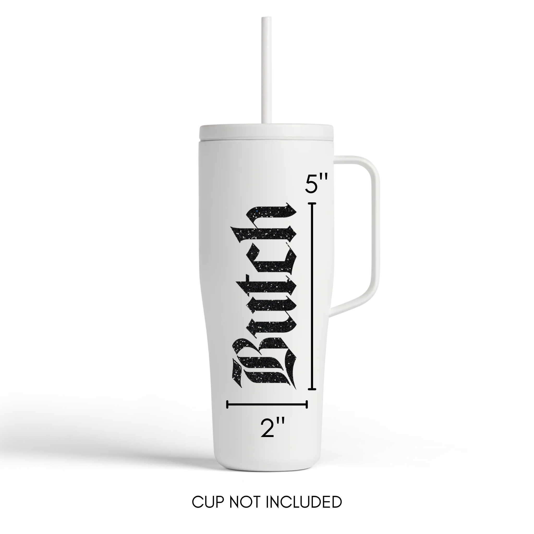 White tumbler with black text and measurements on a white background