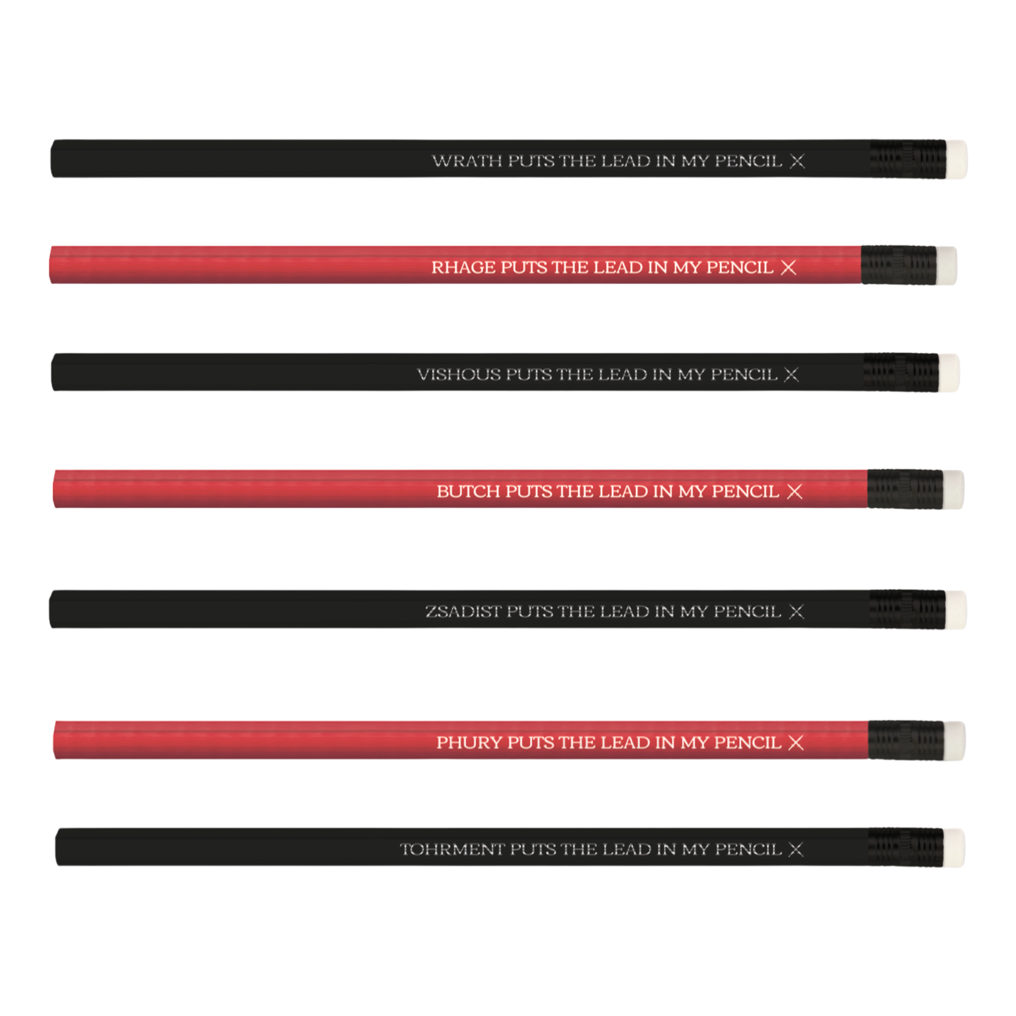 7 red and black pencils featuring the names of the 7 brothers of the Black Dagger Brotherhood