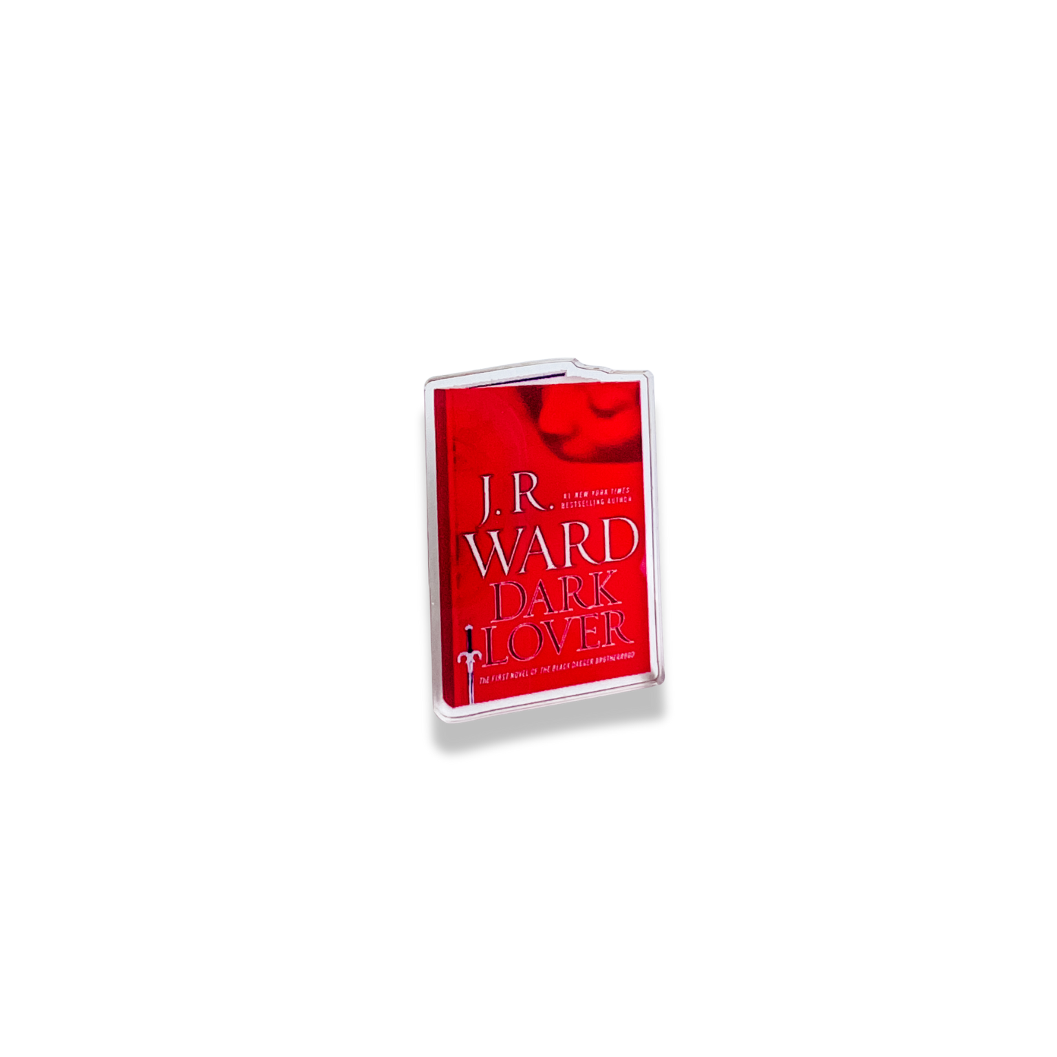 Red book pin titled 'Dark Lover' by J.R. Ward on a white background