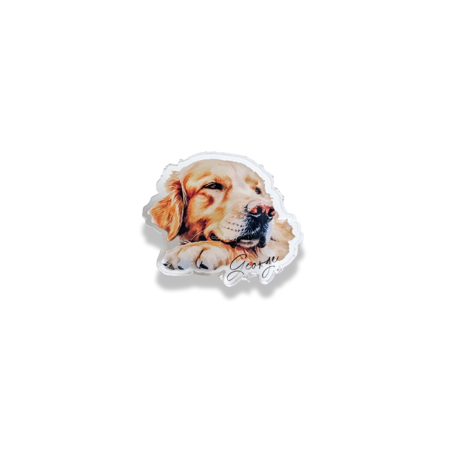 a golden retriever pin with the word "George"
