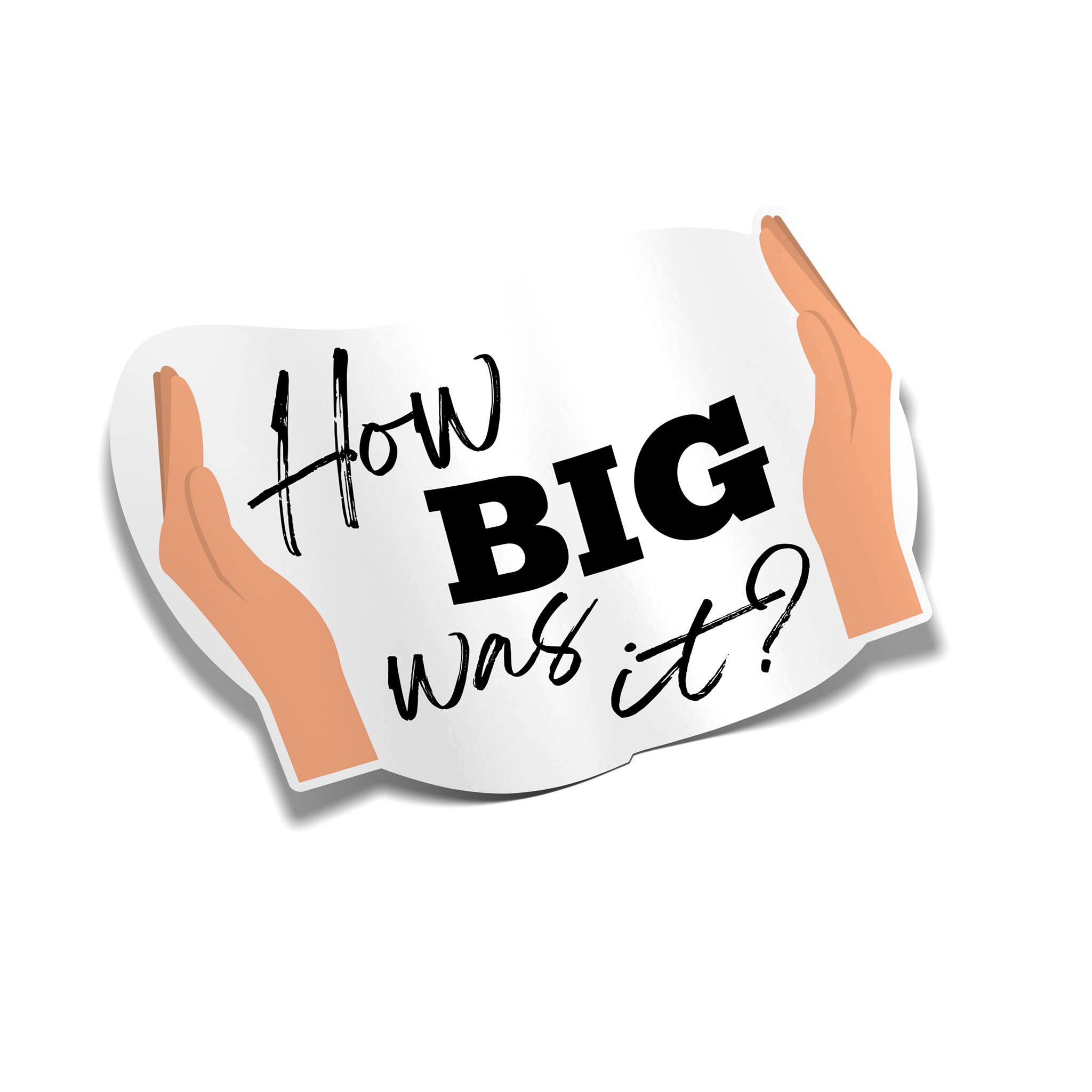 Illustration of hands holding a sign with 'How BIG was it?' text on a white background
