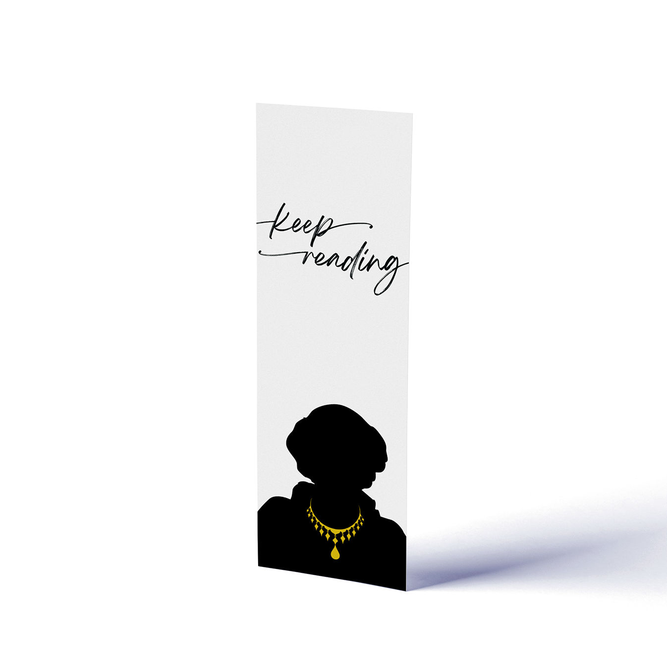 a bookmark with a silhouette of J.R. Ward wearing a necklace and text 'Keep Reading' on a white background.