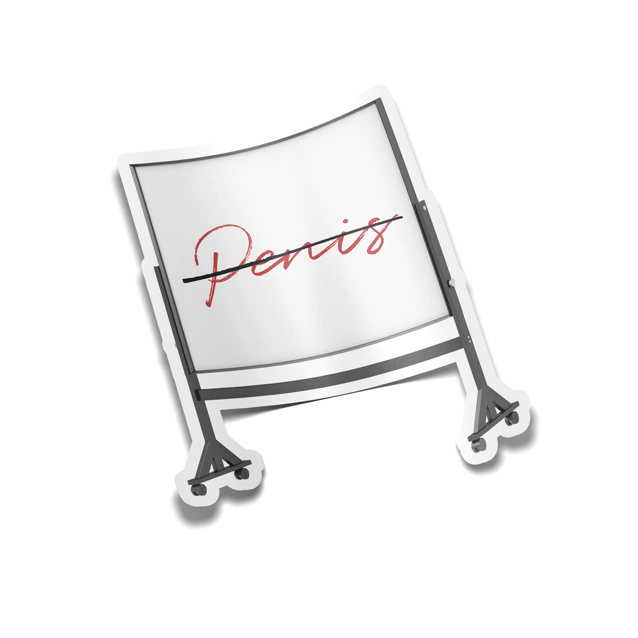 White board with 'Penis' written on it on a white background