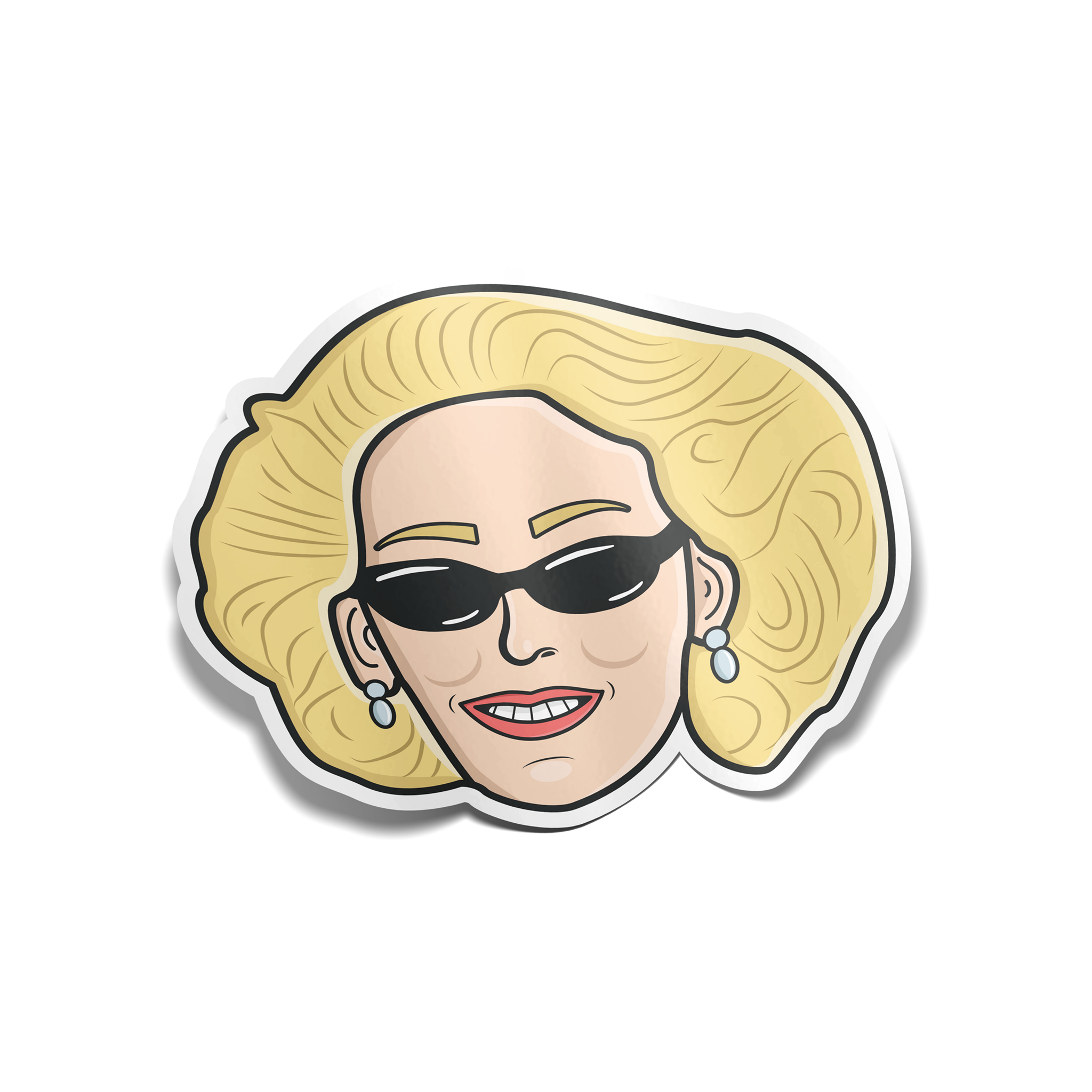 Sticker of a cartoon J.R. Ward with blonde hair and sunglasses on a white background
