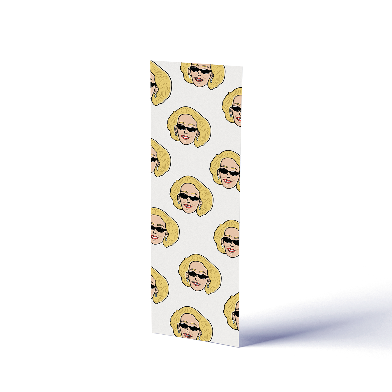 a bookmark with a pattern of cartoon J.R. Ward wearing sunglasses on a white background