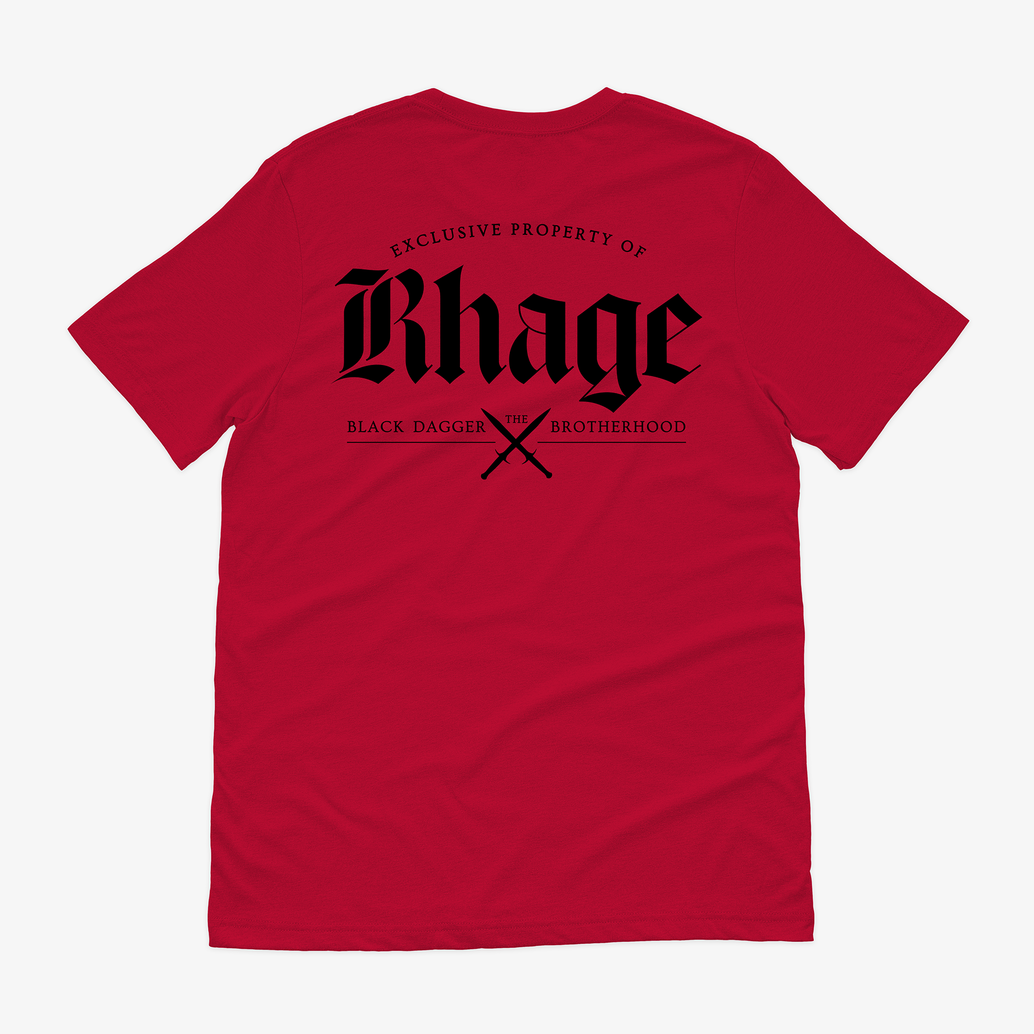 the back of a red shirt with the words "property of Rhage: the Black Dagger Brotherhood" with 2 daggers crossed
