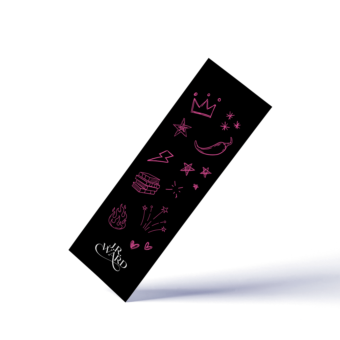 Black tattoo stencil with pink designs on a bookmark over a white background