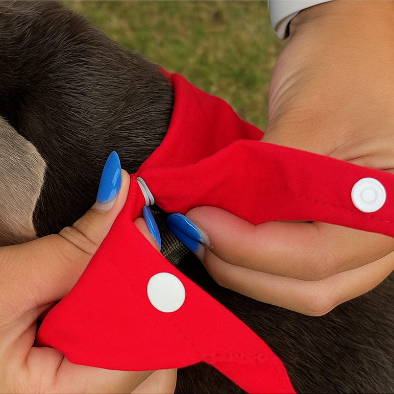person closing snaps on red bandana