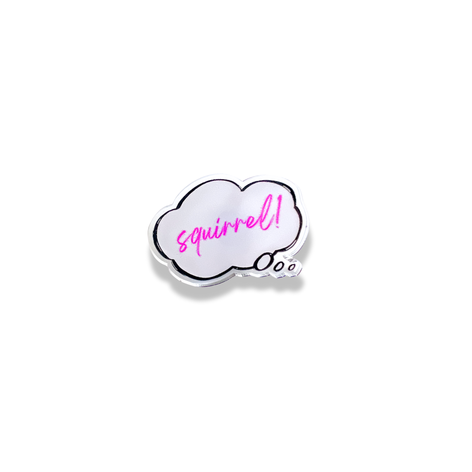 a thought bubble with the word "squirrel" in pink
