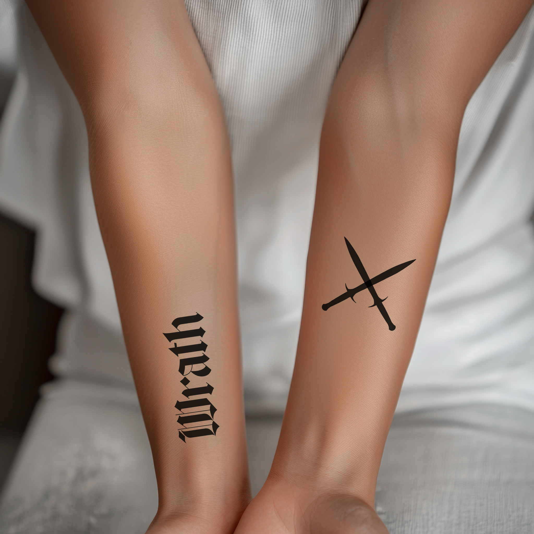 a woman holds her arms in front of her palms up. She has 2 black temporary tattoos. One says "Wrath" the other is a pair of crossed daggers.