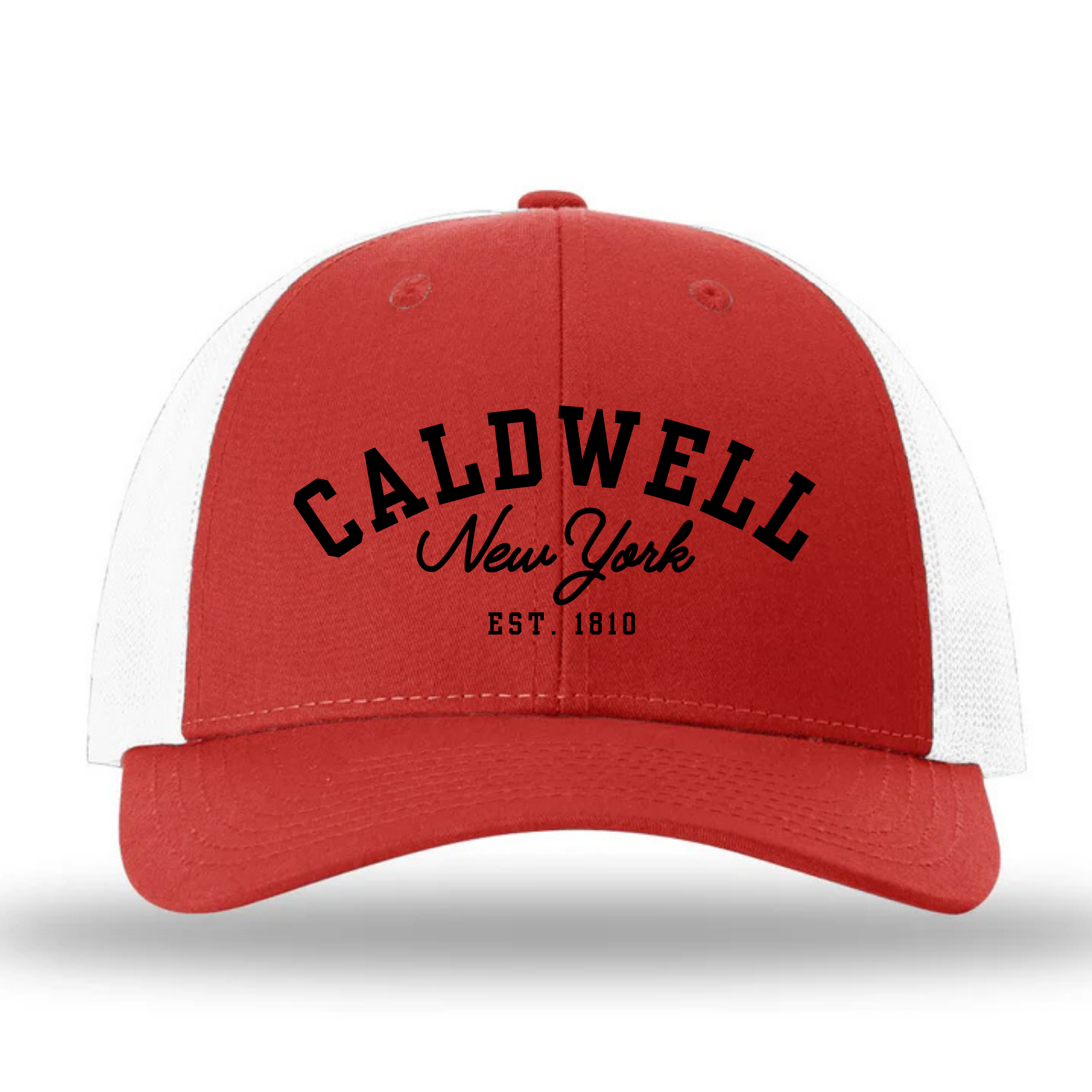 A low profile red and white trucker hat. The text reads "Caldwell New York Est. 1810"