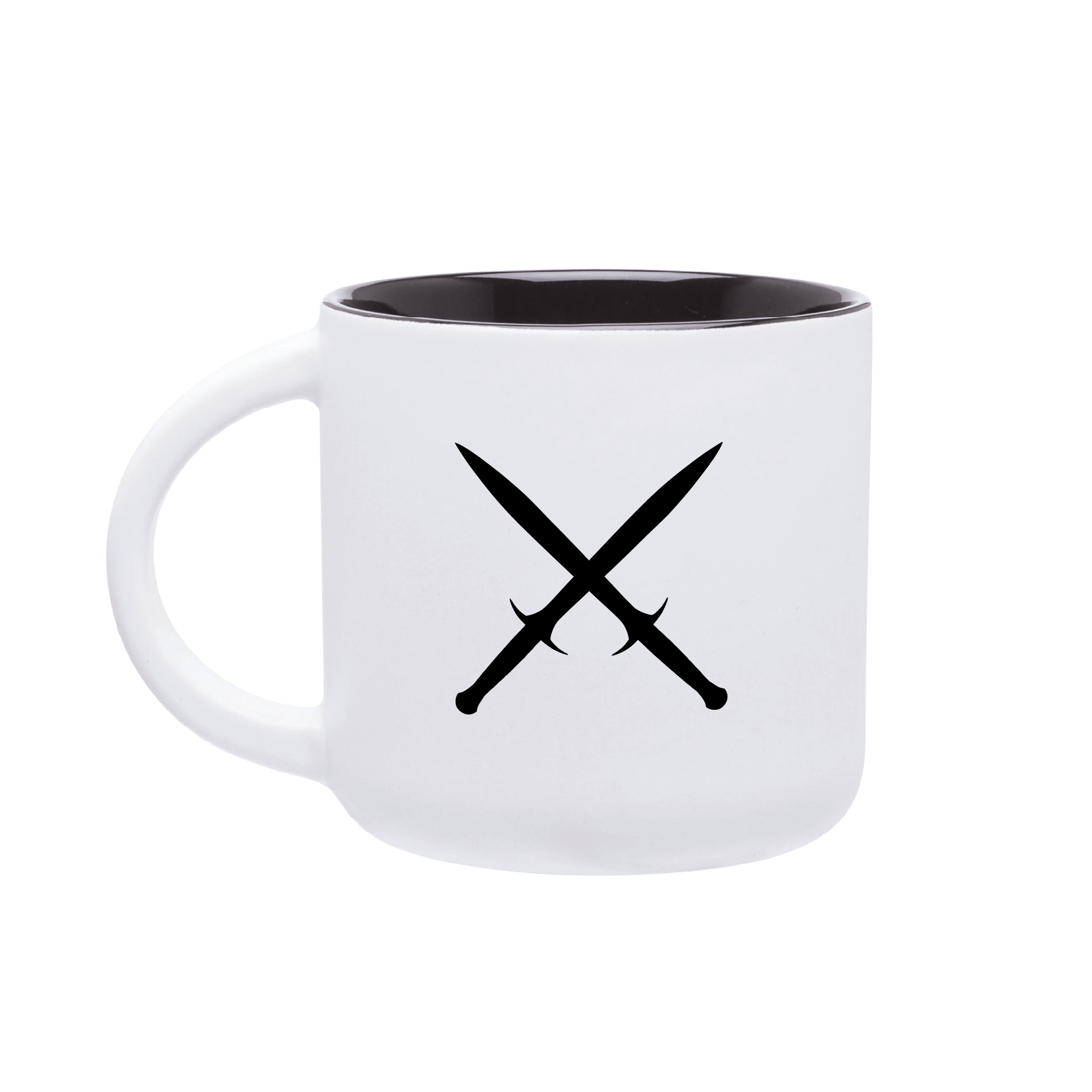a white coffee mug with black interior featuring black crossed daggers
