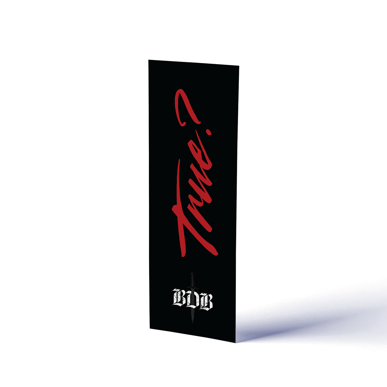 Black bookmark with "True" in red text on a white background