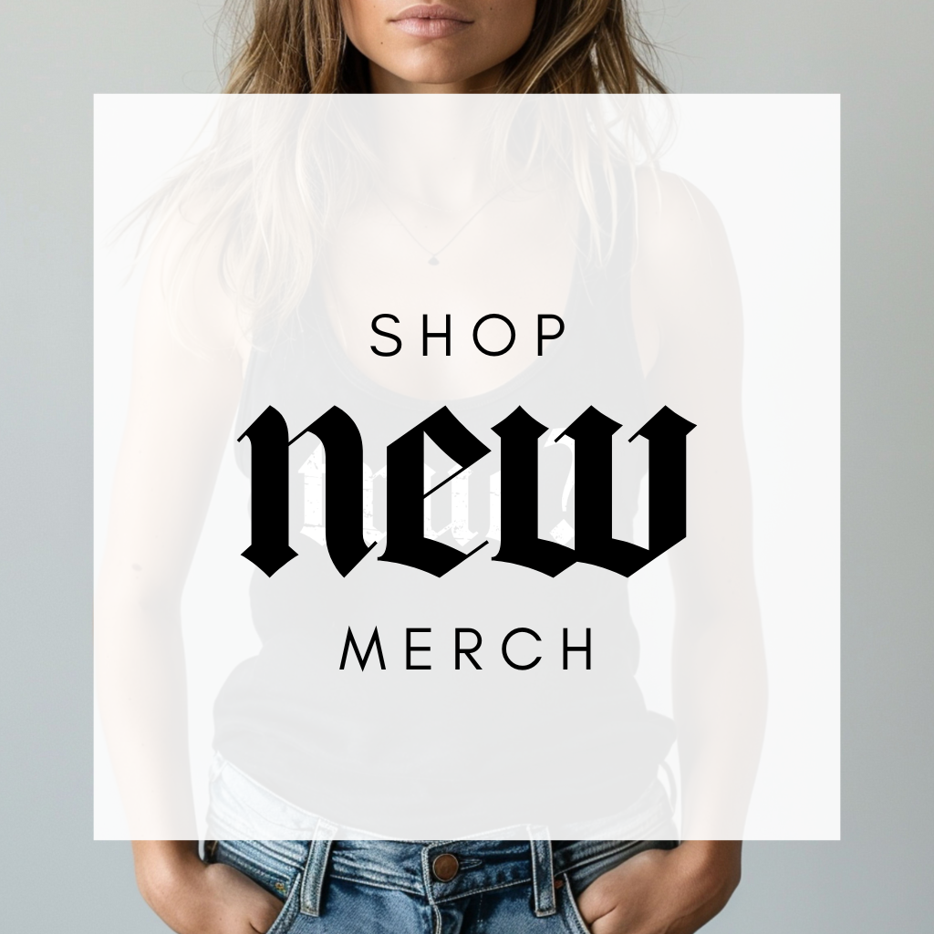 a white box with "shop new merch"
