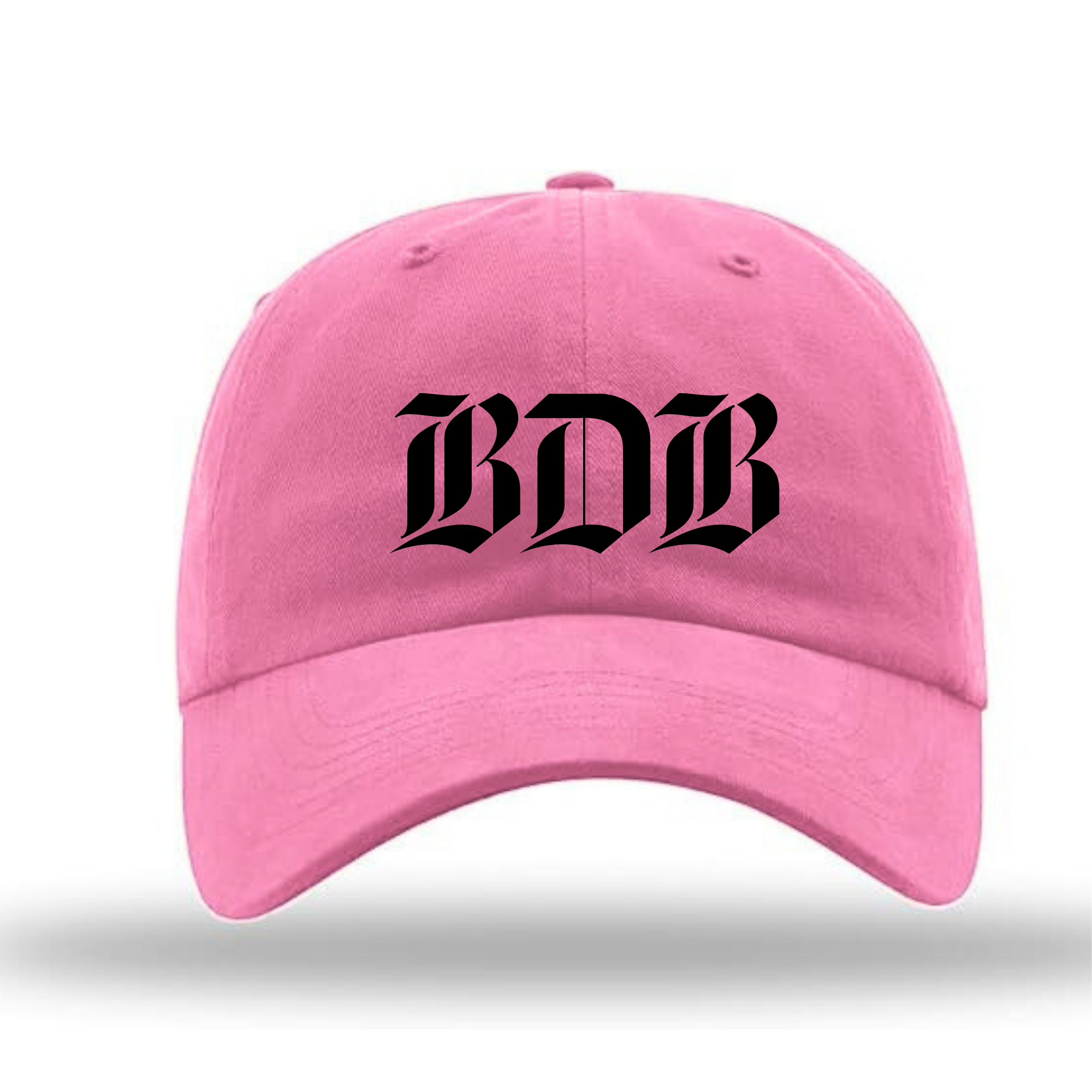 Front angled view of pink dad cap. The cap reads "BDB" in black gothic lettering. 