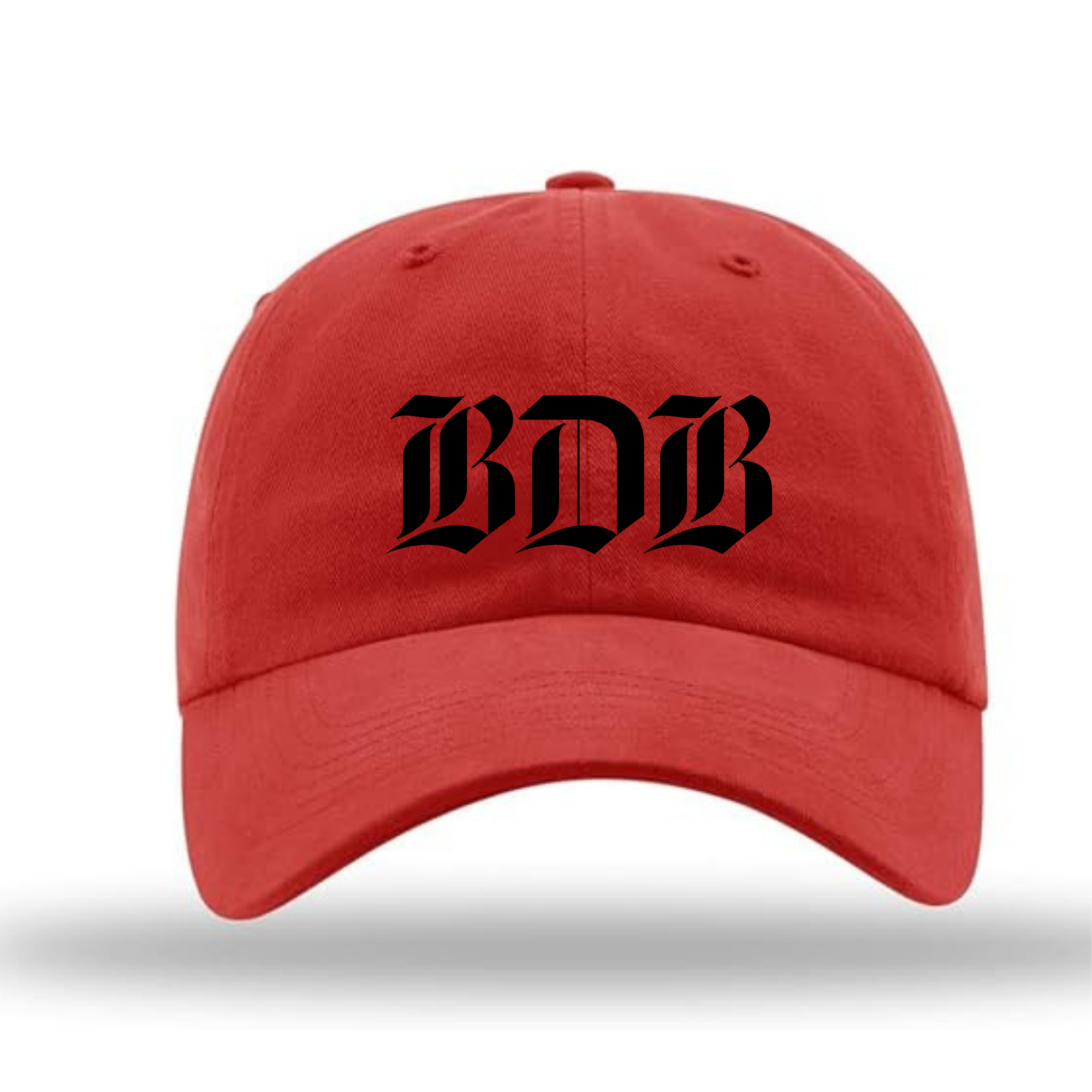 Front angled view of red dad cap. The cap reads "BDB" in black gothic lettering. 