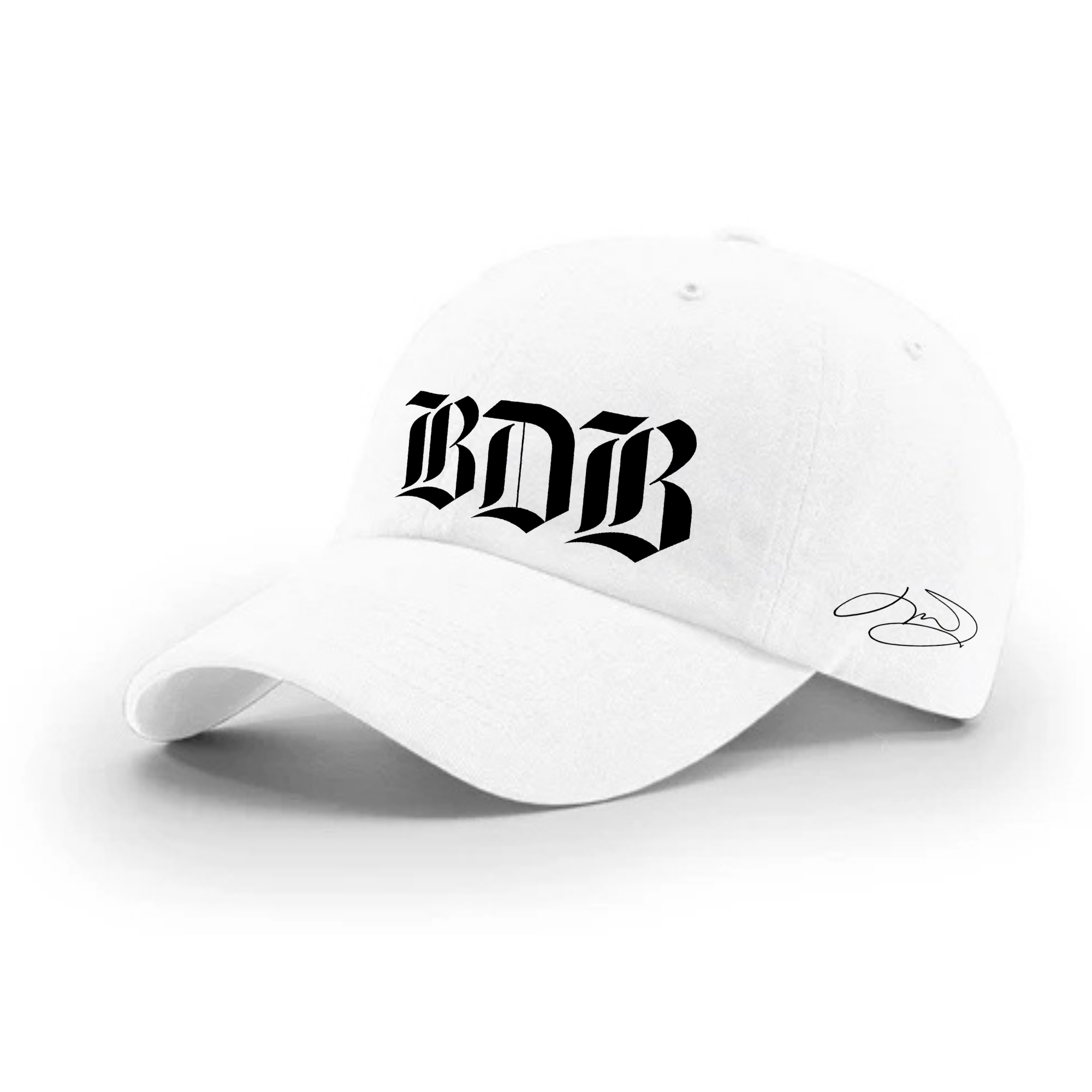 Front angled view of white dad cap. The cap reads "BDB?" in black gothic lettering. J.R. Ward's signature is visible on the side.