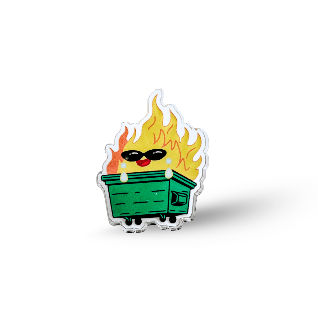 Flaming green dumpster with sunglasses on a white background