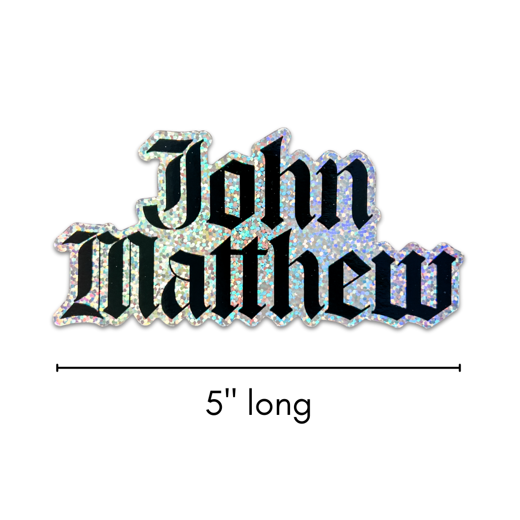 Glittery name decal 'John Matthew' with a measurement label on a white background