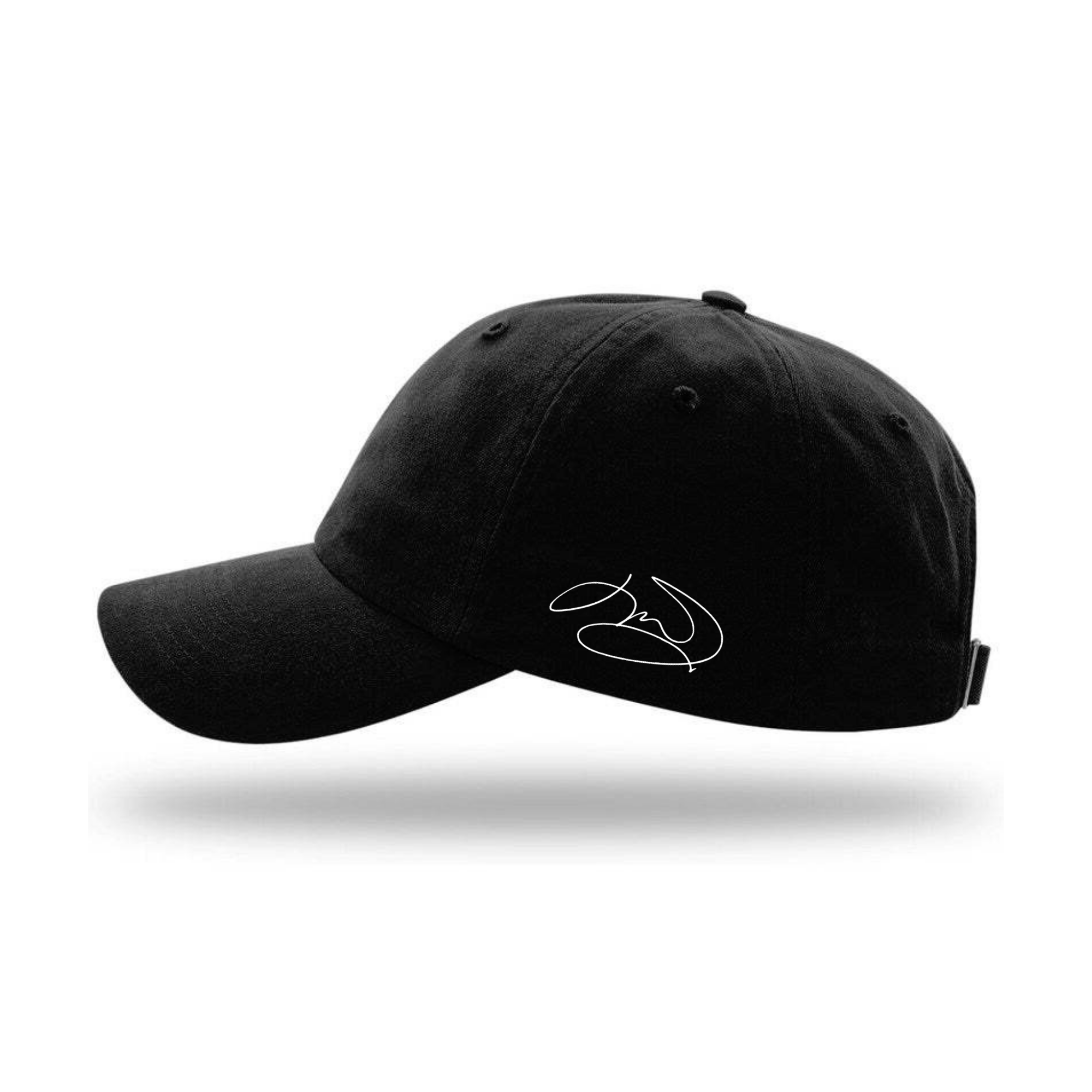 Side view of a black dad cap. J.R. Ward's signature is embroidered on the side.