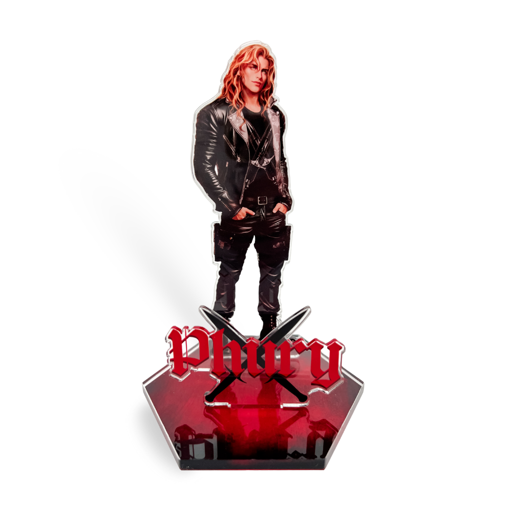 Phury acrylic standee. He's wearing all leather with his hands tucked into the front pockets.